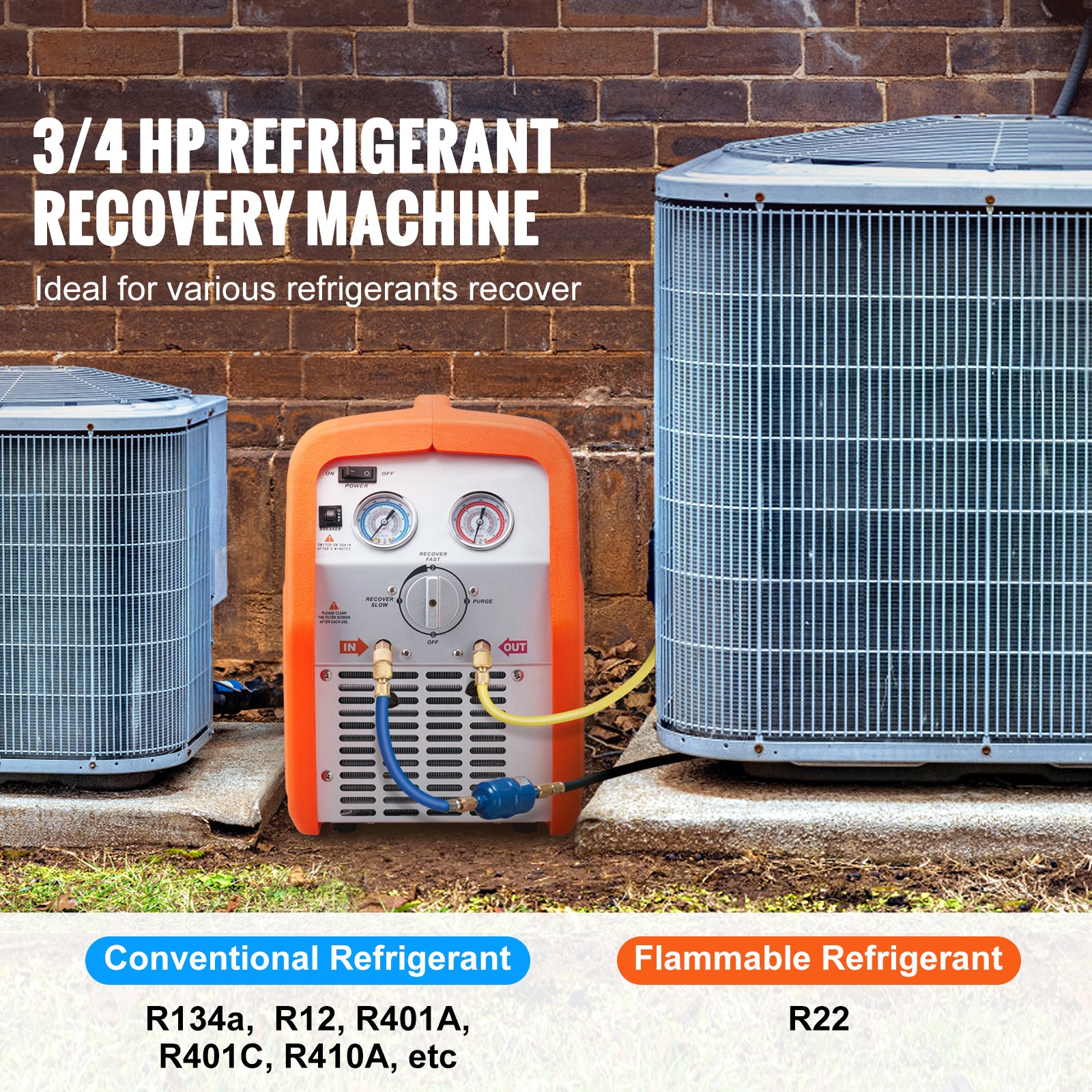 3/4 HP Refrigerant Recovery Machine - Portable AC Recovery Machine with High Pressure Protection, 120V 60Hz Refrigerant Recycle Machine HVAC for Car Air Conditioning, Vapor Liquid Refrigerant