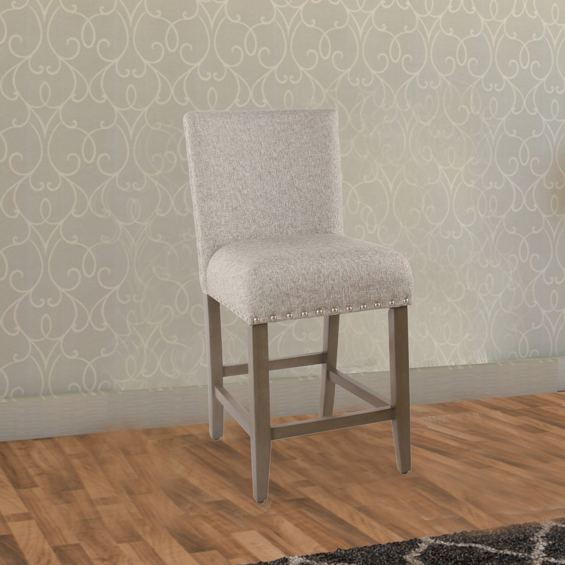 Fabric Upholstered Wooden Counter Stool with Striking Nail head Trims, Gray and Brown