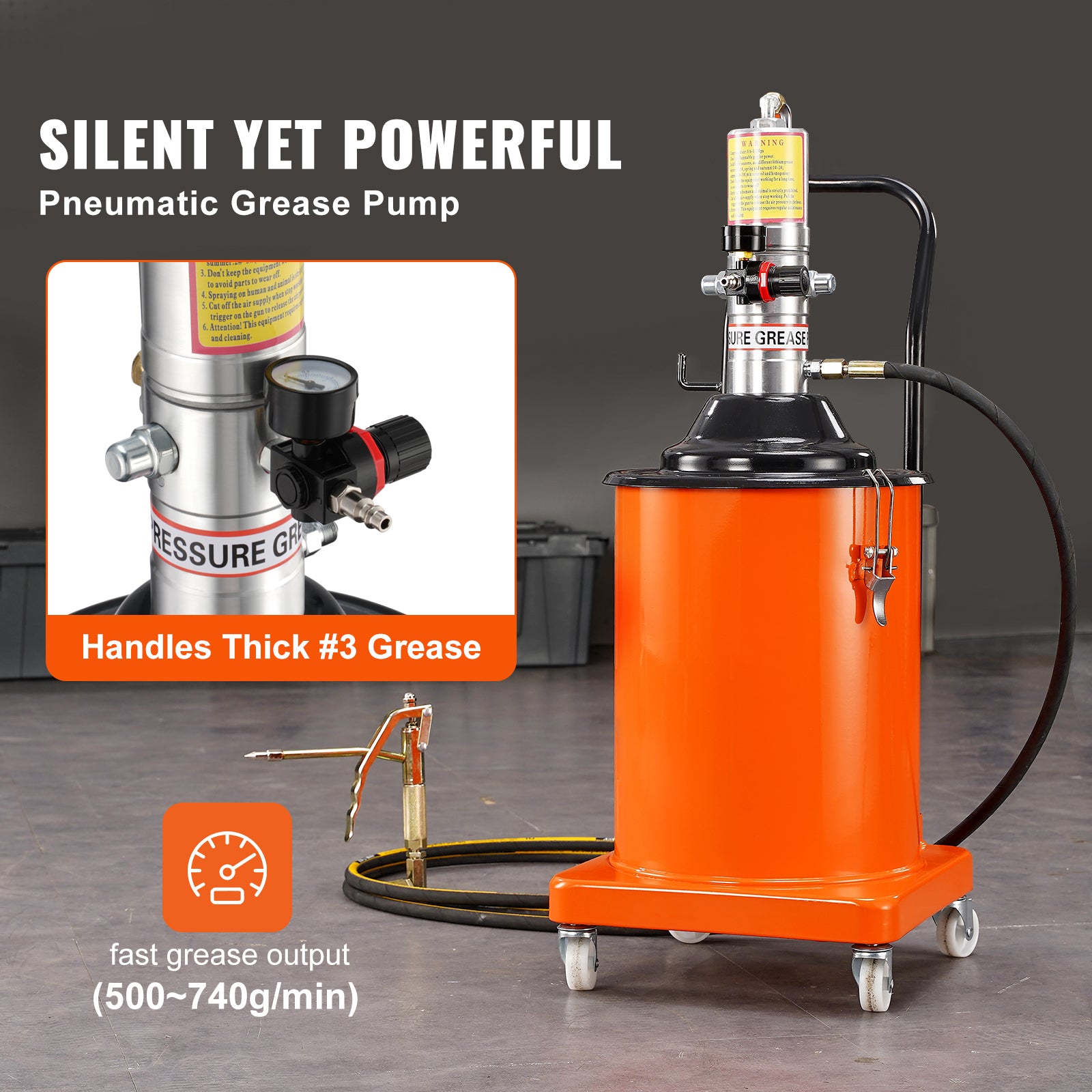 Grease Pump, 5 Gallon 20L, Air Operated Grease Pump with 13 ft High Pressure Hose and Grease Gun, Pneumatic Grease Bucket Pump with Wheels, Portable Lubrication Grease Pump 50:1 Pressure Ratio