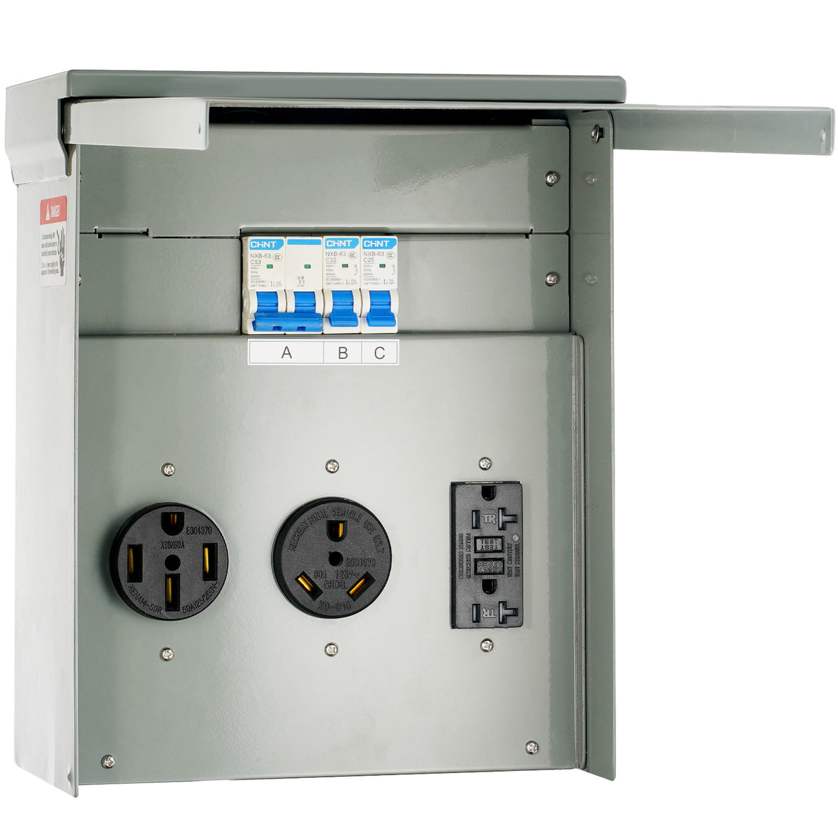 Temporary Power Outlet Panel, 125/250V, RV Power Outlet Box with a 20/30/50 Amp Receptacle Installed, NEMA 14-50R / NEMA TT-30R / 15A GFCI for RV Camper Trailer Motorhome, Tested to UL Standards