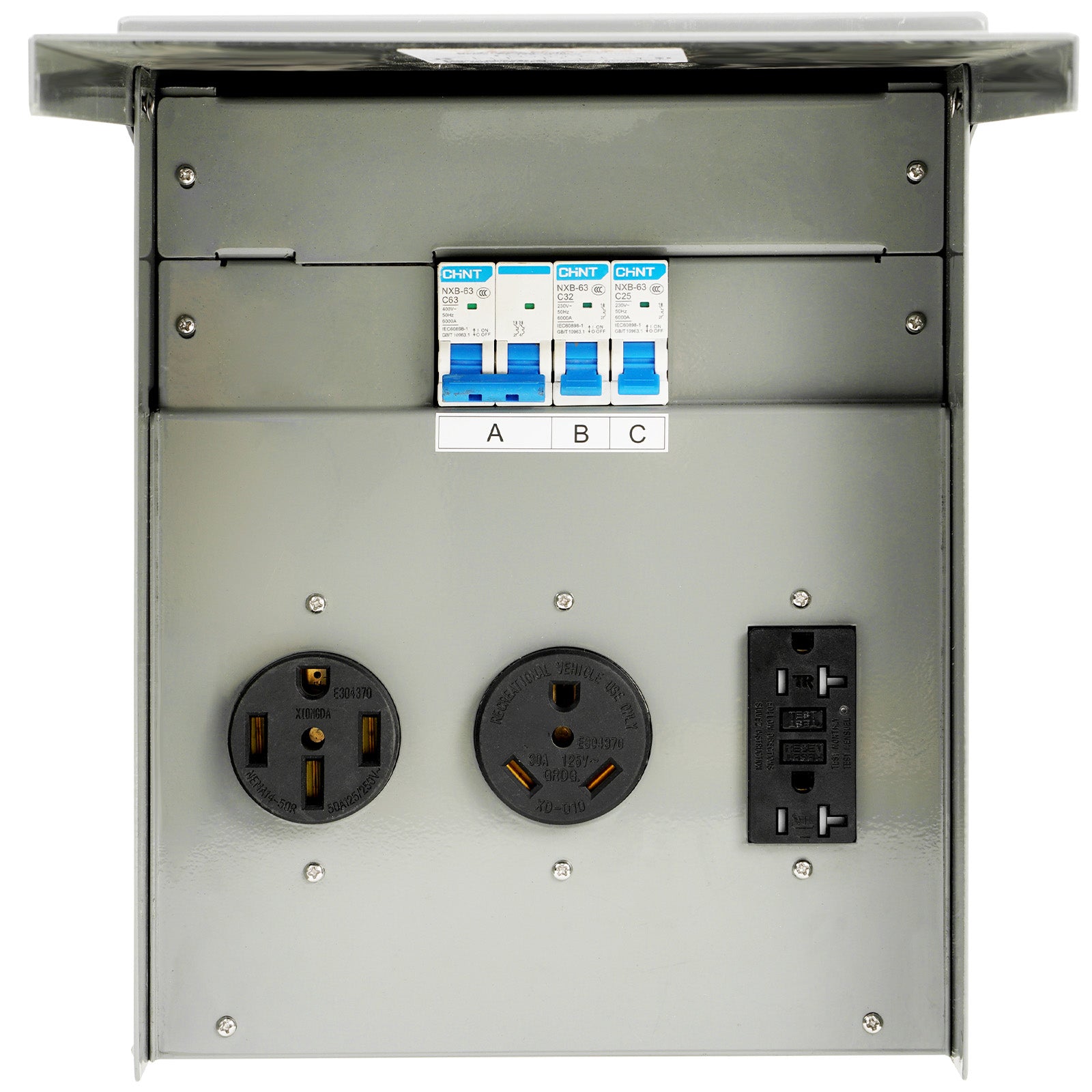 Temporary Power Outlet Panel, 125/250V, RV Power Outlet Box with a 20/30/50 Amp Receptacle Installed, NEMA 14-50R / NEMA TT-30R / 15A GFCI for RV Camper Trailer Motorhome, Tested to UL Standards