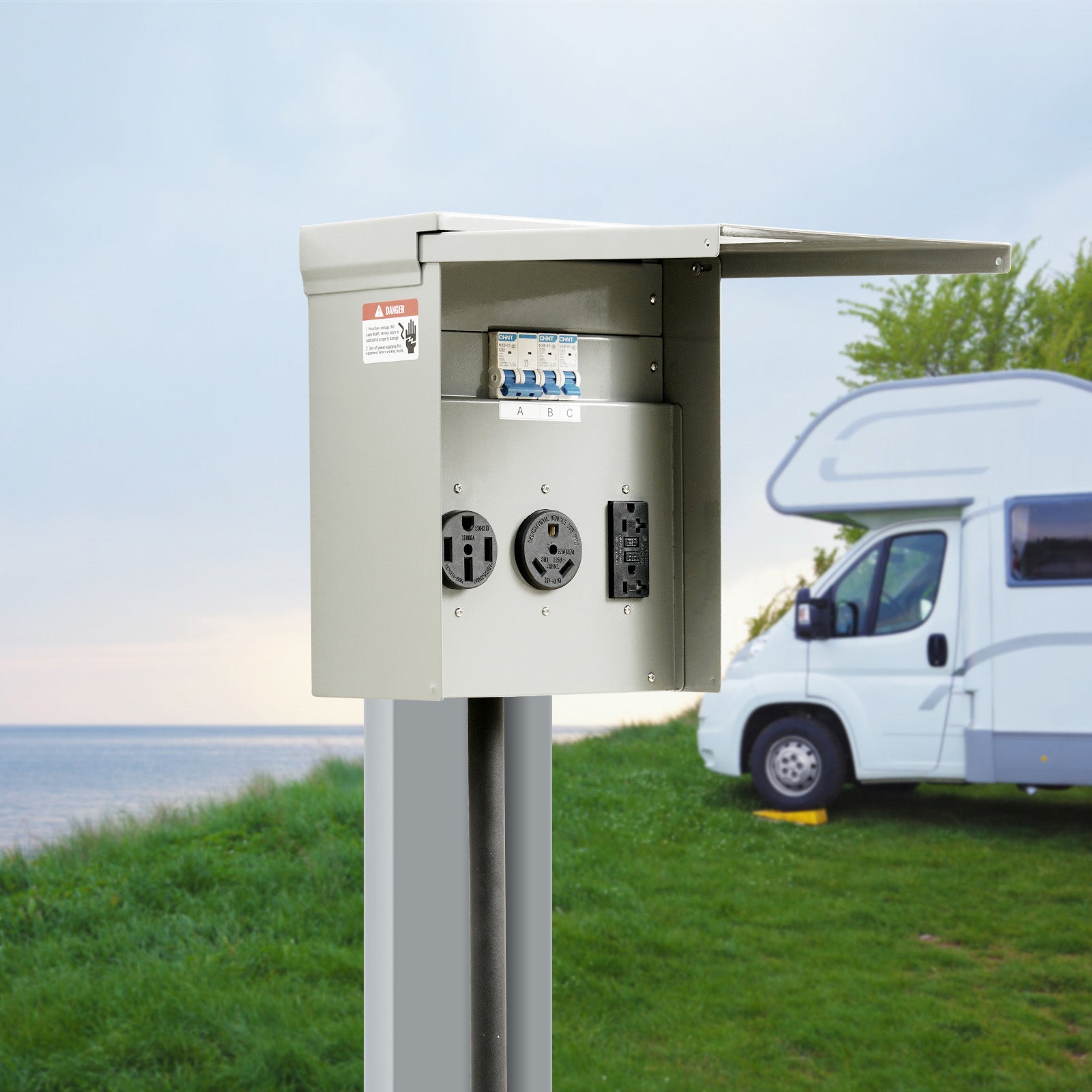 Temporary Power Outlet Panel, 125/250V, RV Power Outlet Box with a 20/30/50 Amp Receptacle Installed, NEMA 14-50R / NEMA TT-30R / 15A GFCI for RV Camper Trailer Motorhome, Tested to UL Standards