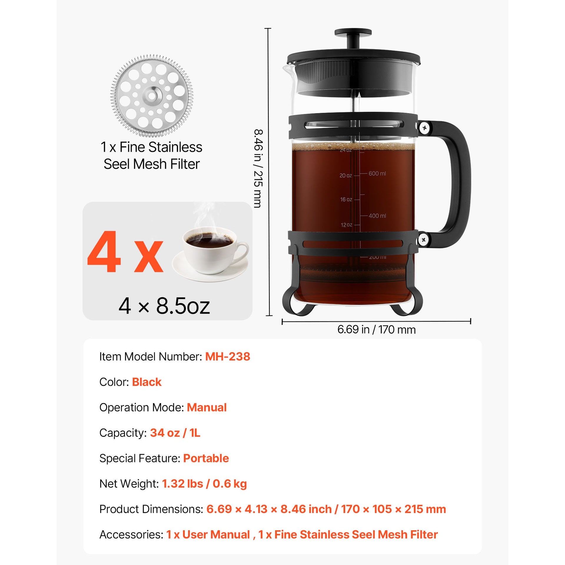 French Press Coffee Maker 34 oz Borosilicate Glass Coffee Tea Press Silver