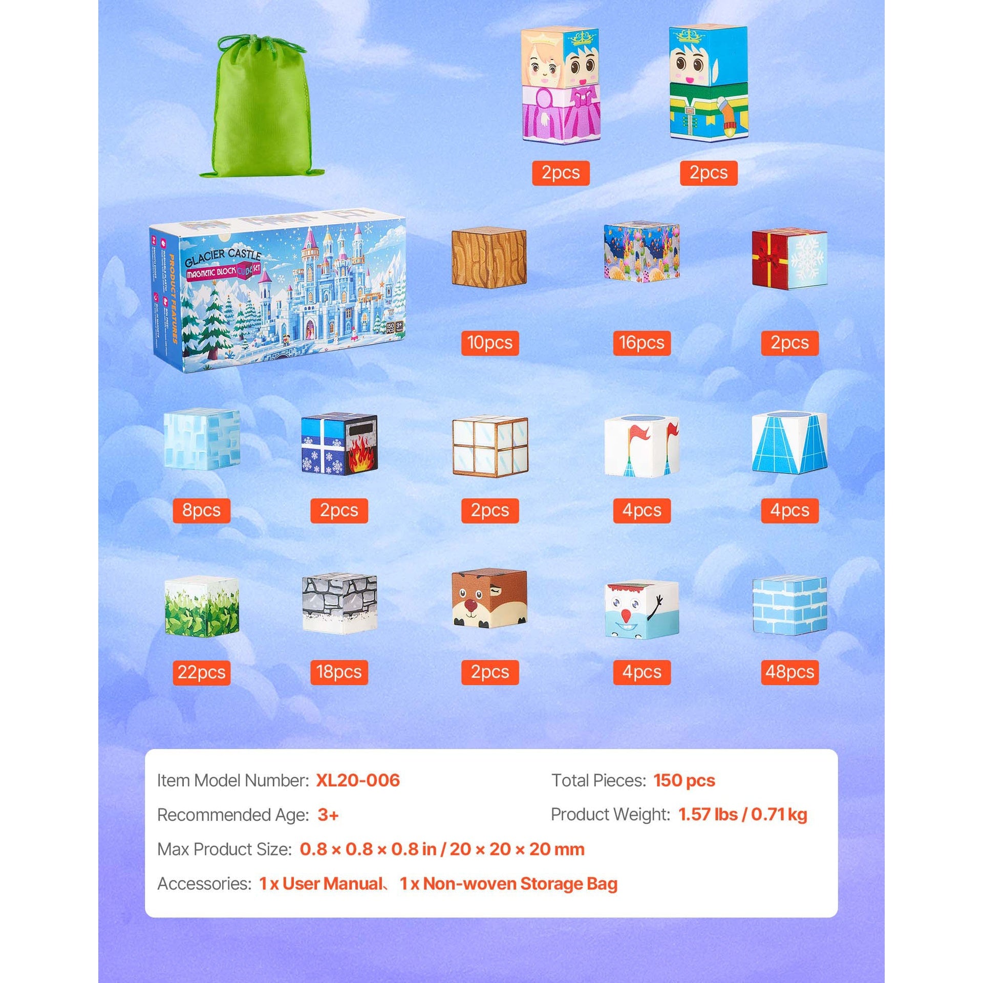 Magnetic Blocks 150 PCS Glacier Castle Set STEM Montessori Sensory Toys