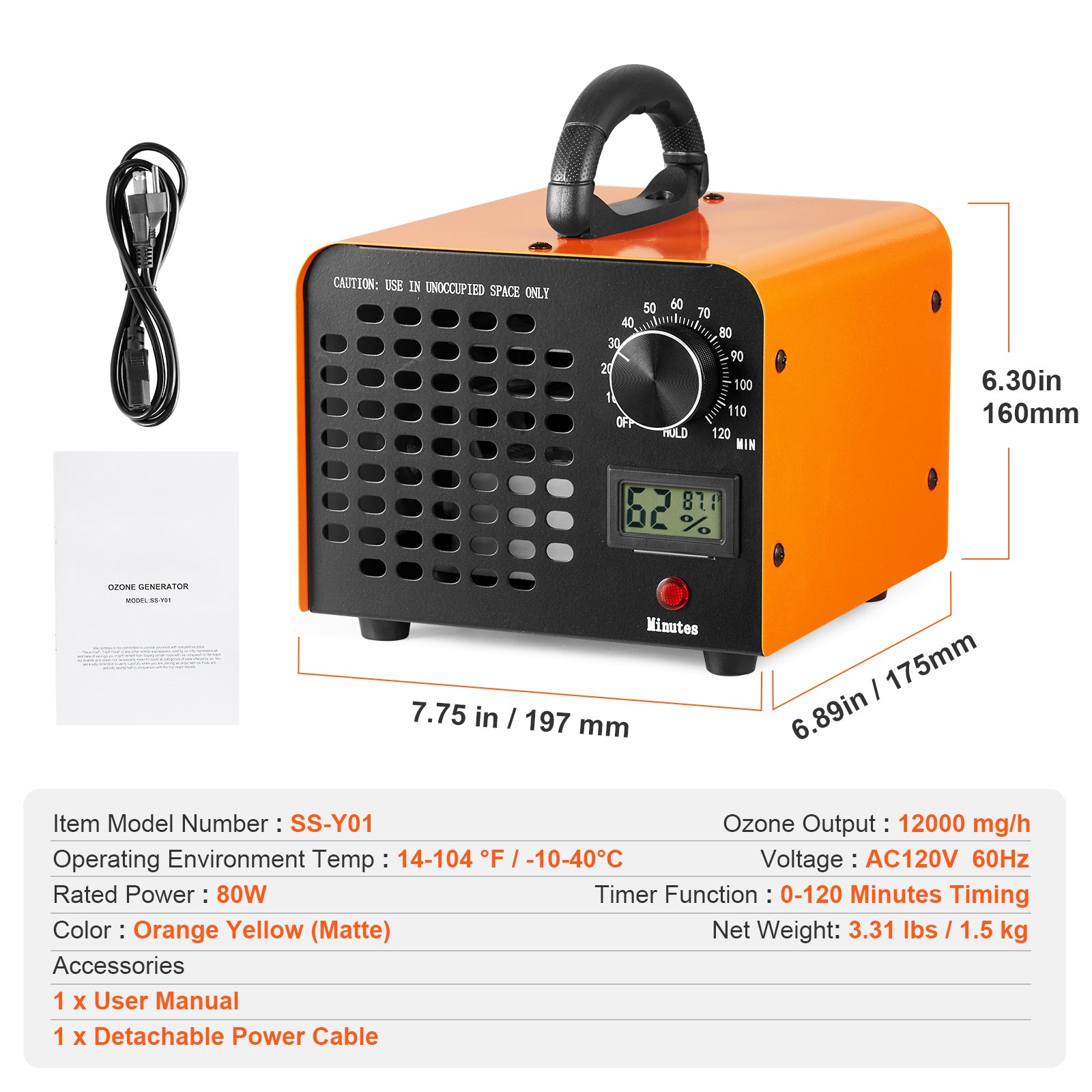 Ozone Generator, 12000mg/h Ozone Machine Odor Remover, High Capacity Commercial/Industrial Ozone Generator Machine, Home Air Ionizers Deodorizer with 0-120 min Time Setting for Rooms, Cars, Pets