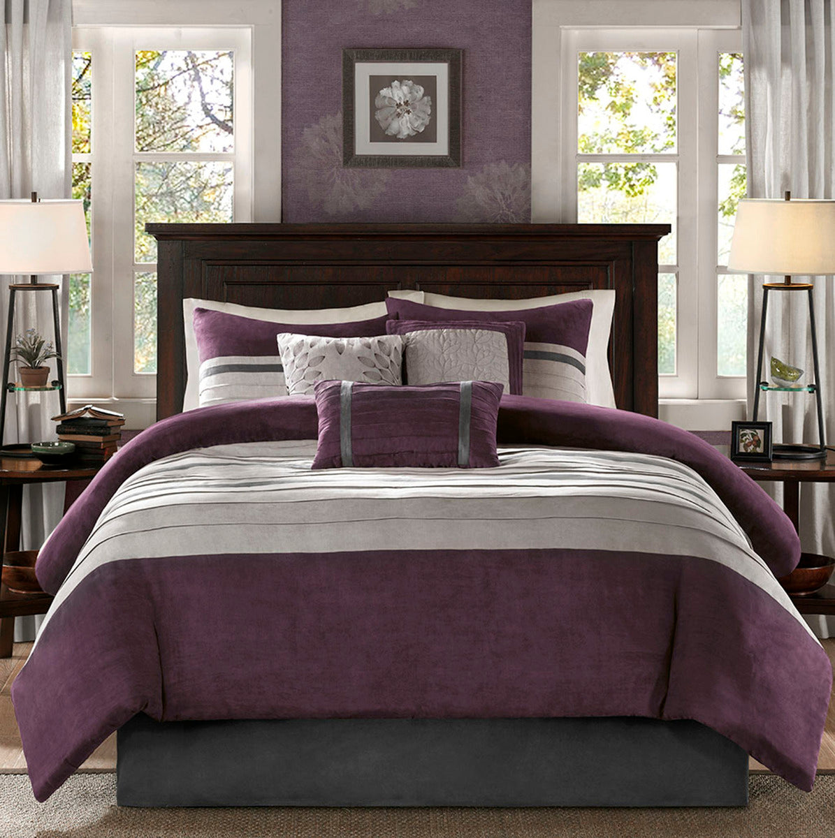 7 PC Pieced Faux Suede Comforter Set Purple Queen