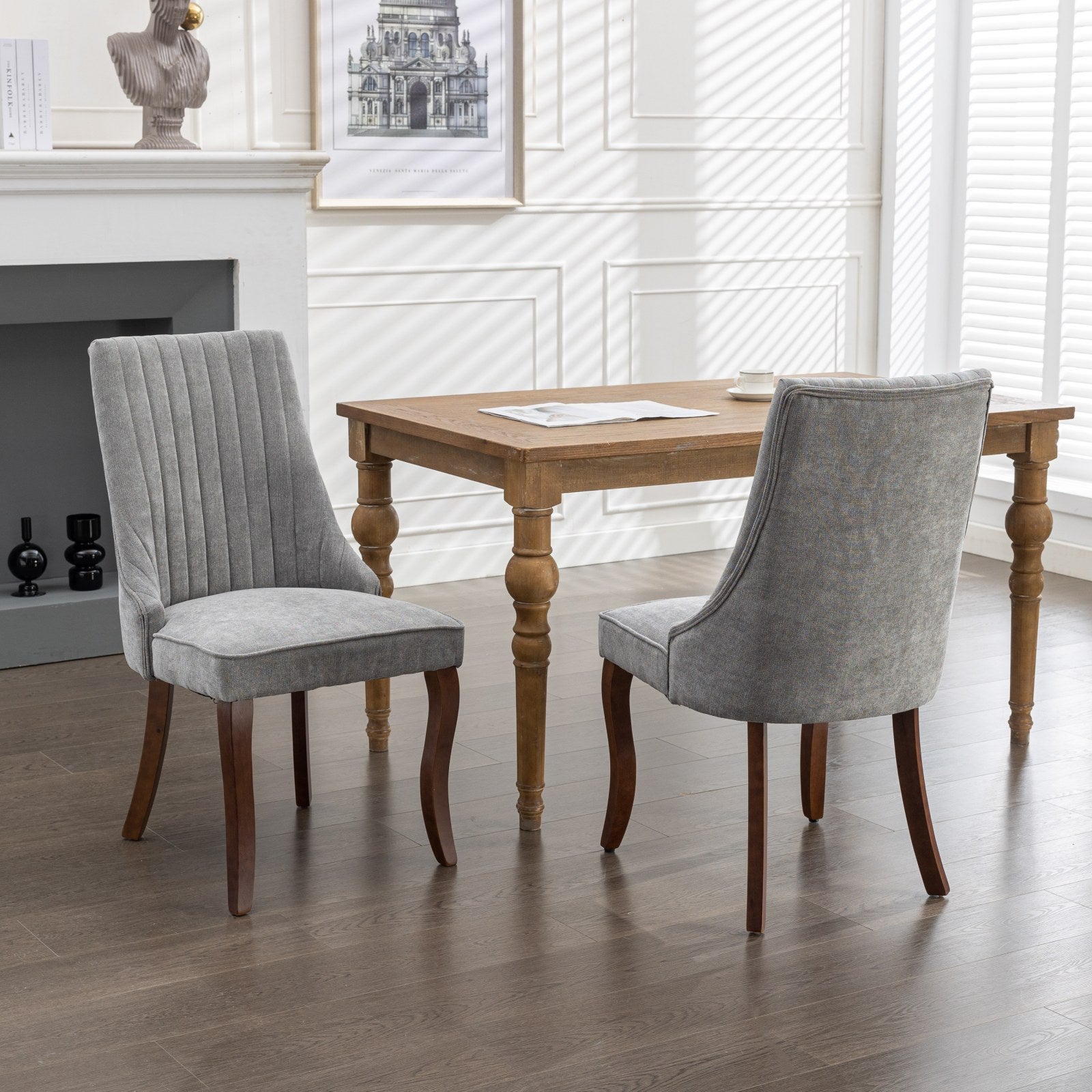 Rayon Cloth Flocking Linen Dining Chairs Channel Kitchen Dinner Chair Comfy Fabric Upholstered Accent Chair for Dining Room with Curved Solid Wood Legs,Set of 2 (Gray), SW1847GY
