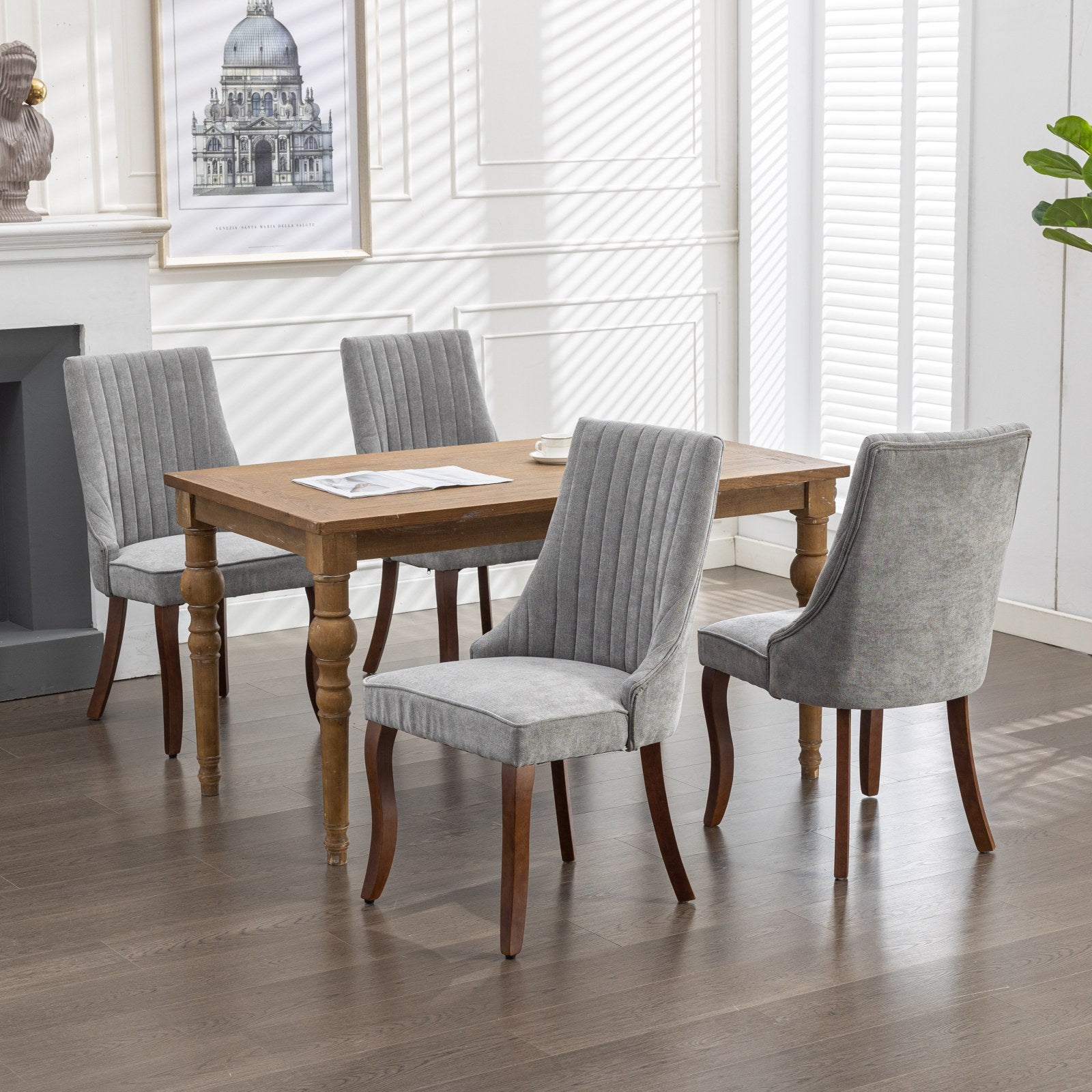 Rayon Cloth Flocking Linen Dining Chairs Channel Kitchen Dinner Chair Comfy Fabric Upholstered Accent Chair for Dining Room with Curved Solid Wood Legs,Set of 2 (Gray), SW1847GY