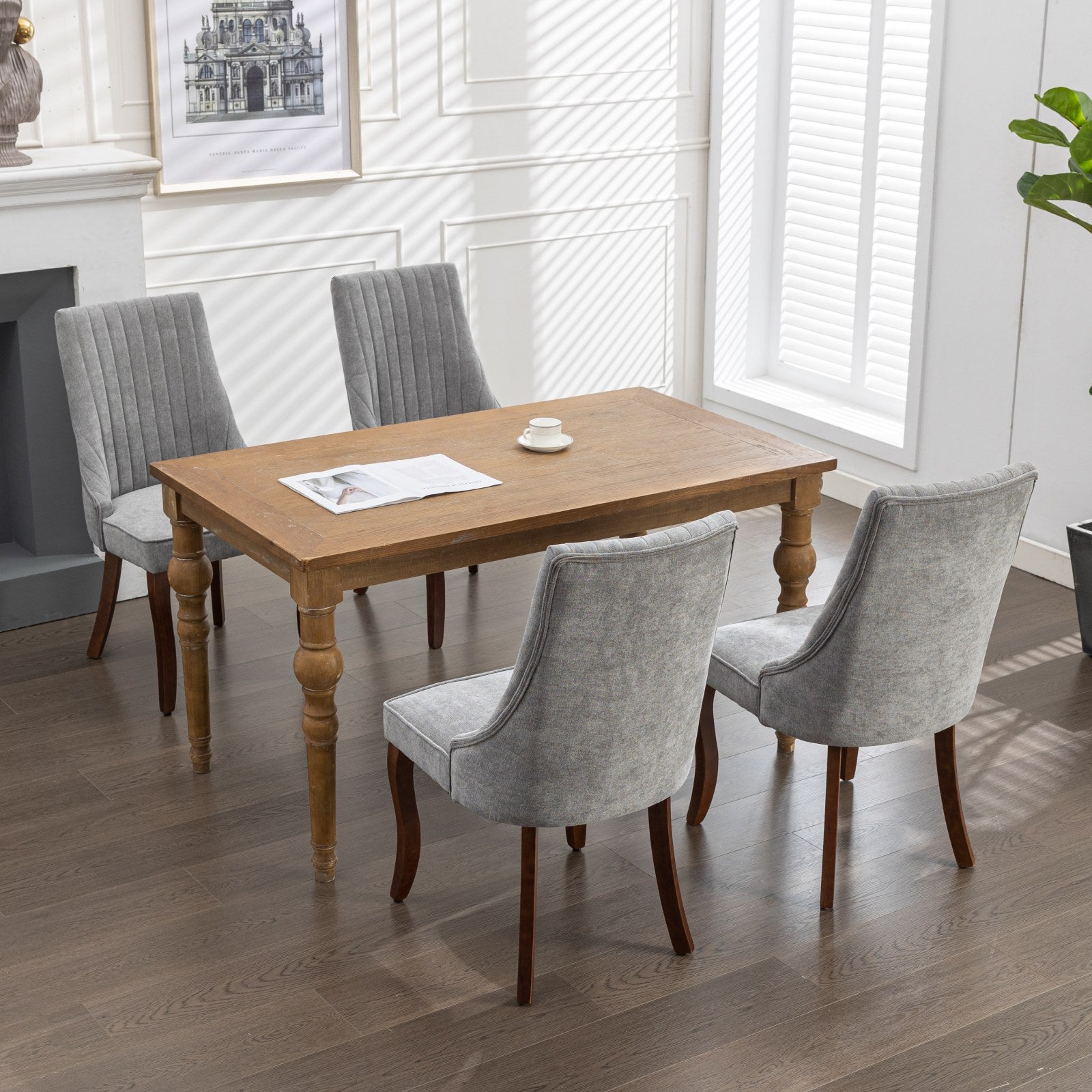 Rayon Cloth Flocking Linen Dining Chairs Channel Kitchen Dinner Chair Comfy Fabric Upholstered Accent Chair for Dining Room with Curved Solid Wood Legs,Set of 2 (Gray), SW1847GY