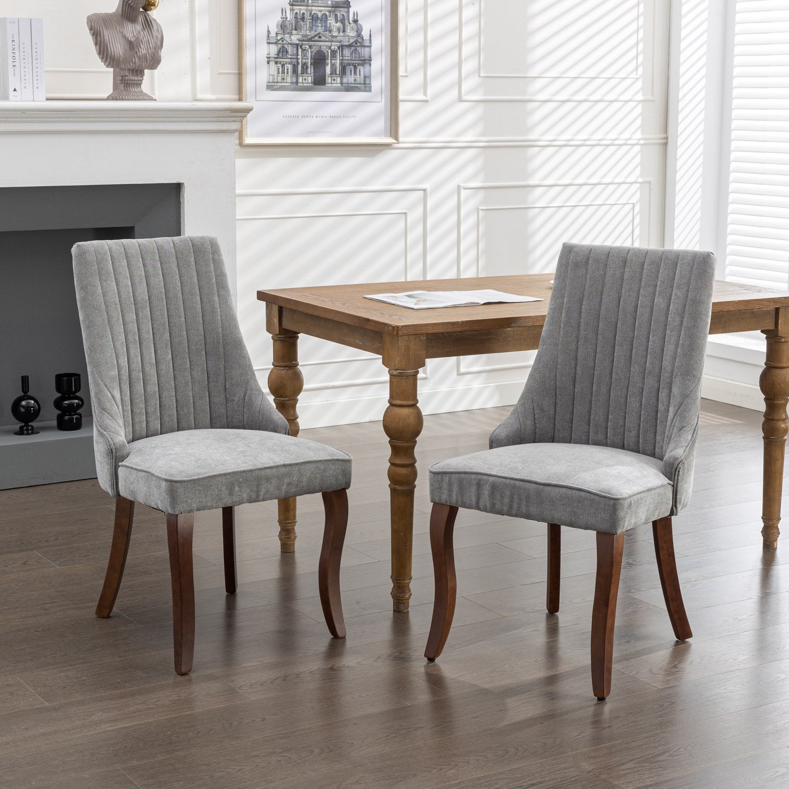 Rayon Cloth Flocking Linen Dining Chairs Channel Kitchen Dinner Chair Comfy Fabric Upholstered Accent Chair for Dining Room with Curved Solid Wood Legs,Set of 2 (Gray), SW1847GY
