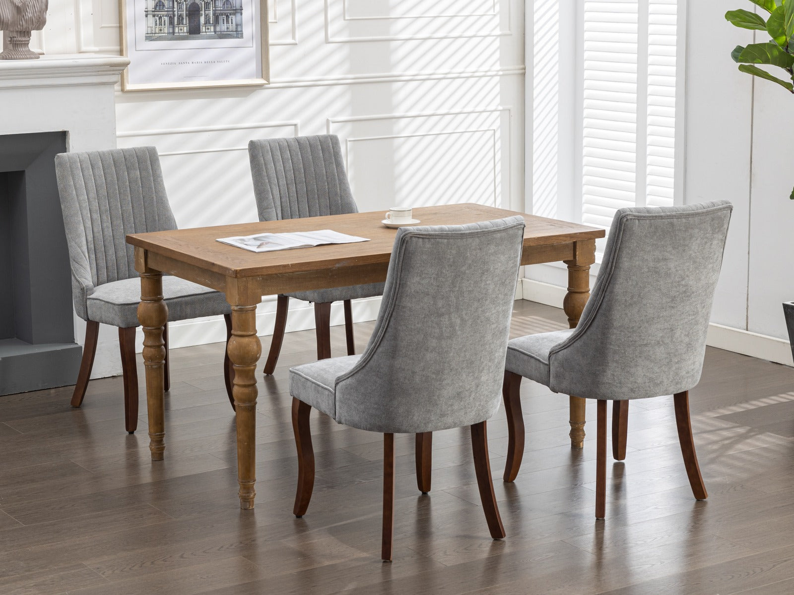 Rayon Cloth Flocking Linen Dining Chairs Channel Kitchen Dinner Chair Comfy Fabric Upholstered Accent Chair for Dining Room with Curved Solid Wood Legs,Set of 2 (Gray), SW1847GY