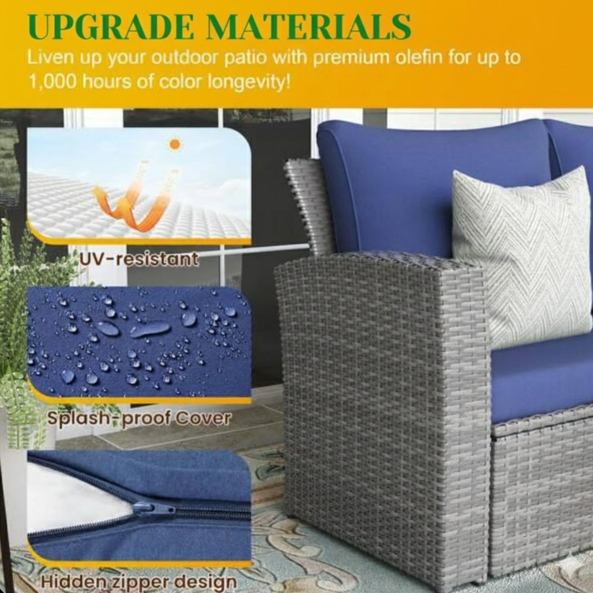 4-Piece Wicker Patio Conversation Set with Glass Table and Blue Cushions