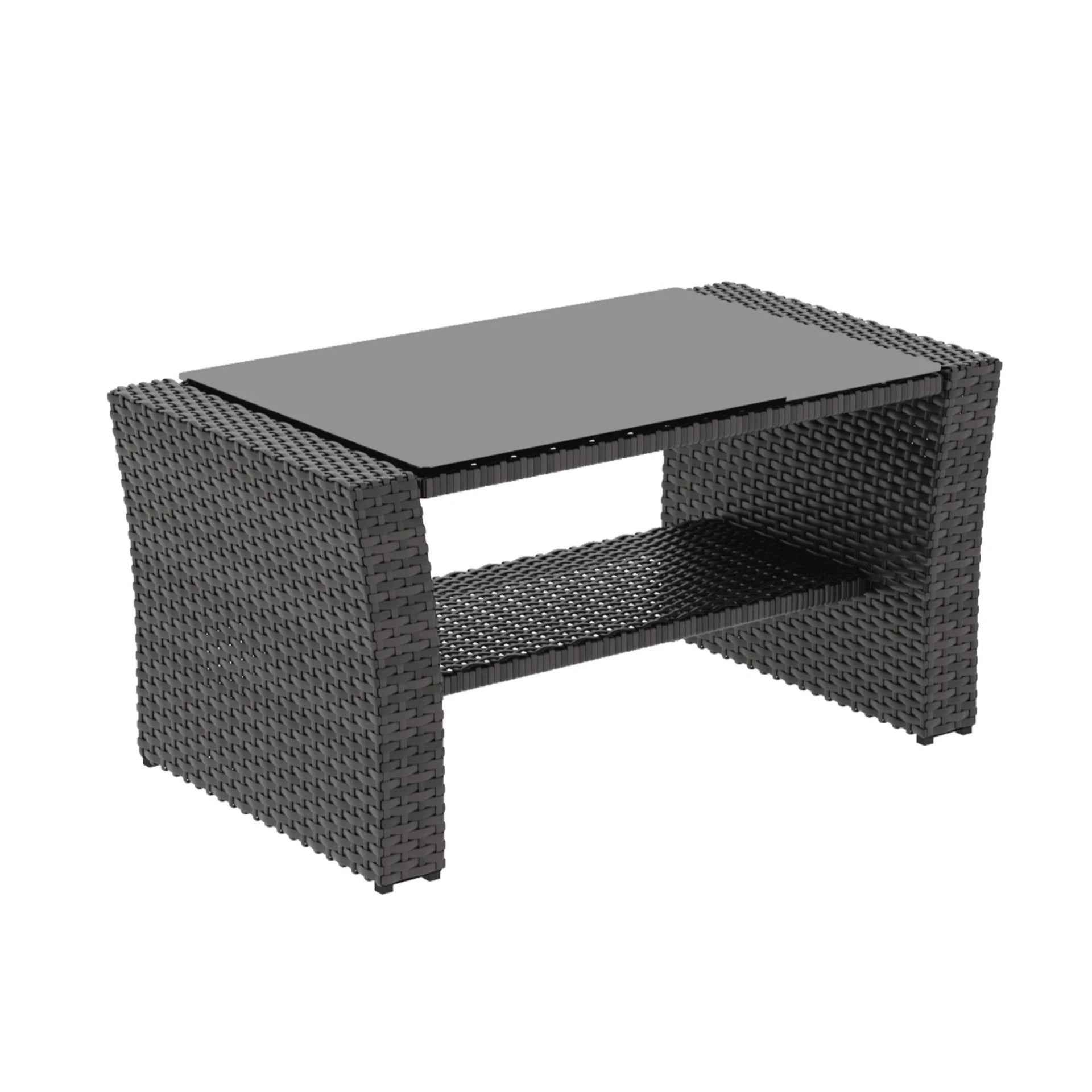 4-Piece Wicker Patio Conversation Set with Glass Table and Blue Cushions