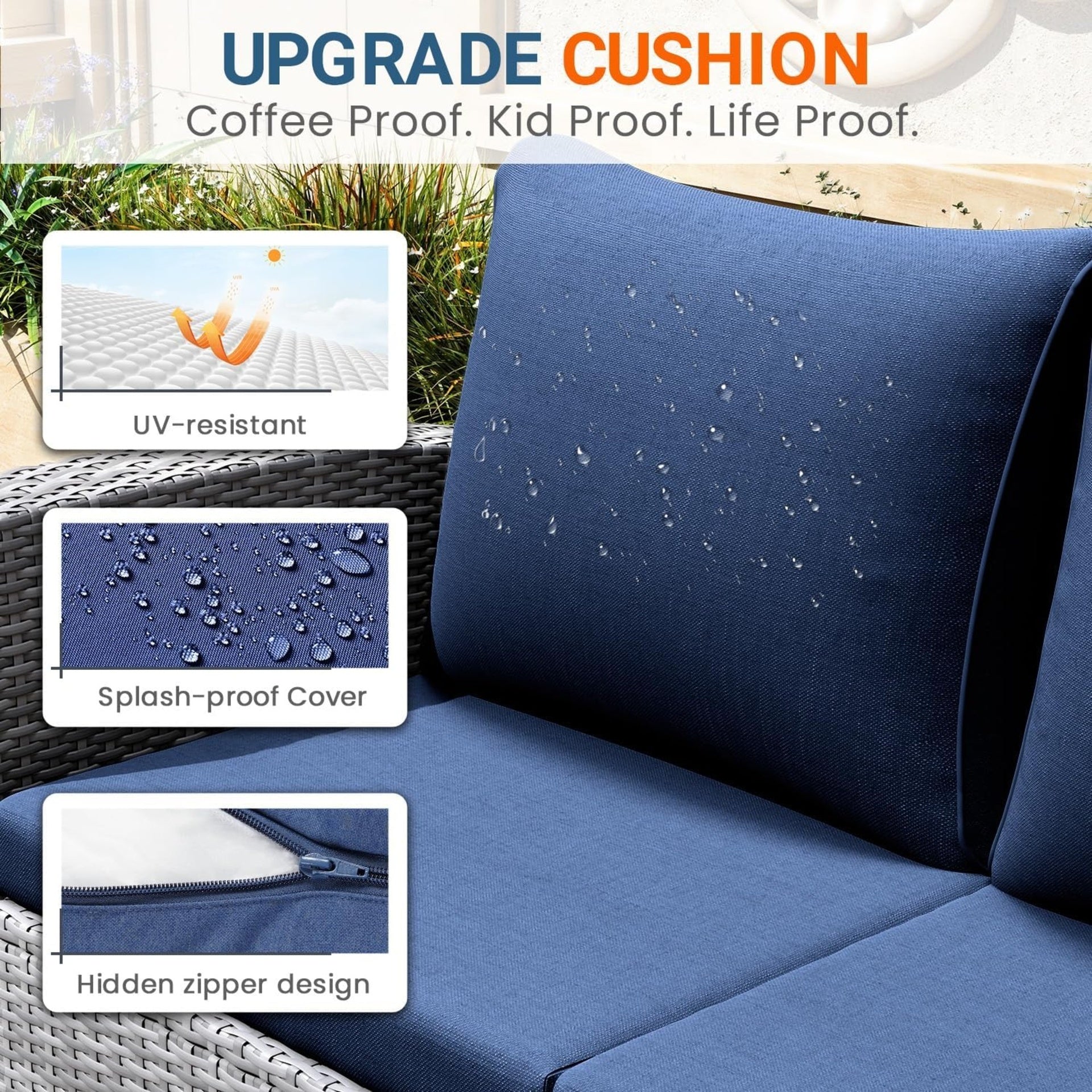 4-Piece Wicker Patio Conversation Set with Glass Table and Blue Cushions