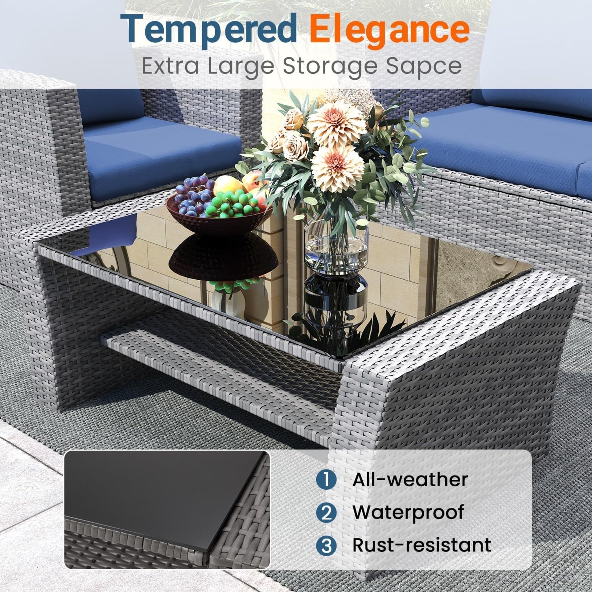 4-Piece Wicker Patio Conversation Set with Glass Table and Blue Cushions