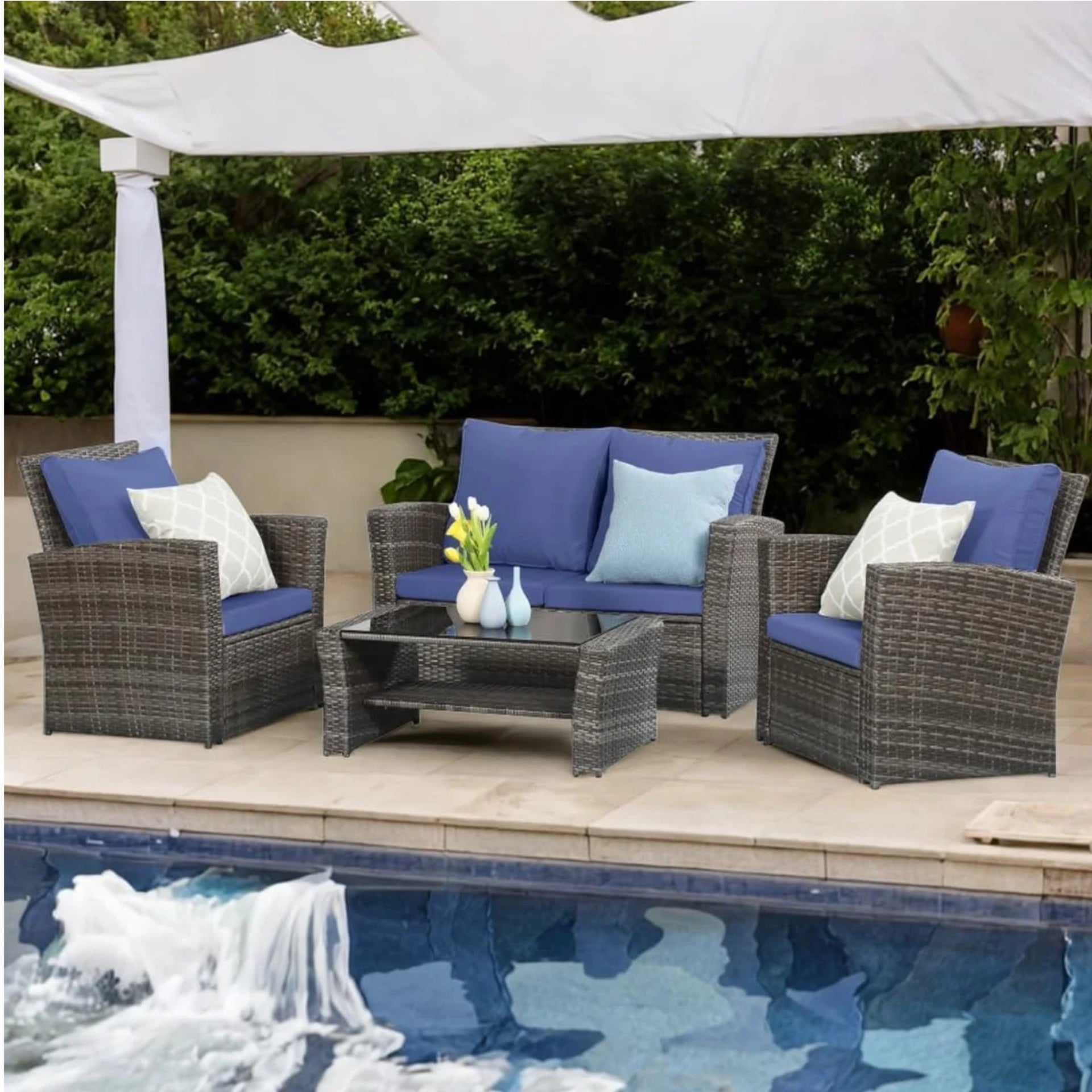 4-Piece Wicker Patio Conversation Set with Glass Table and Blue Cushions
