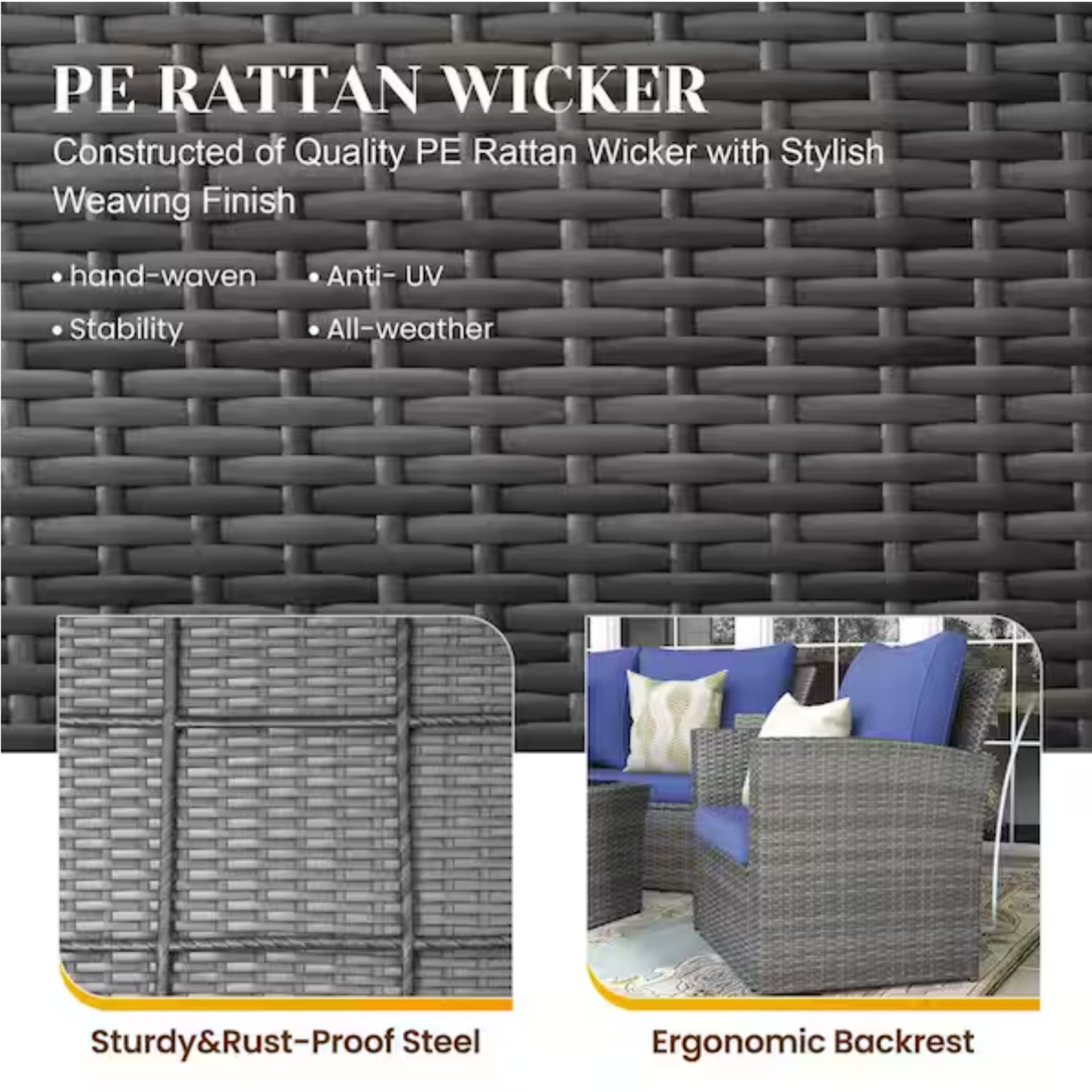 4-Piece Wicker Patio Conversation Set with Glass Table and Blue Cushions