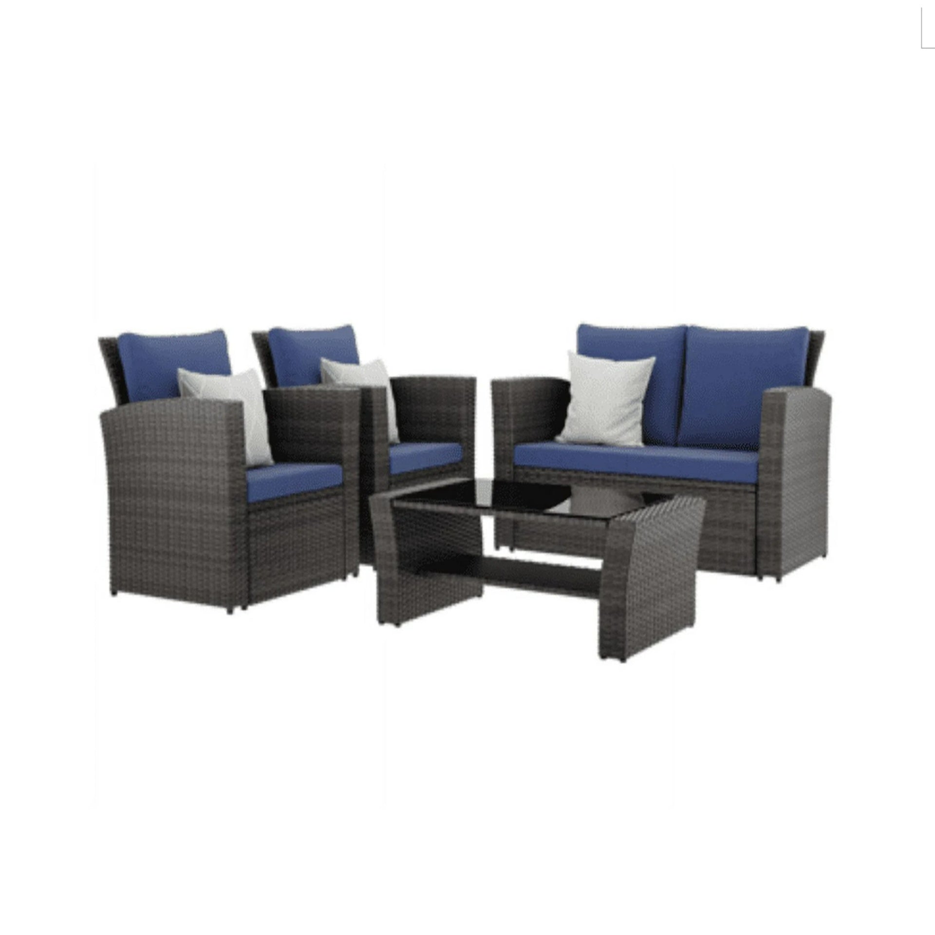 4-Piece Wicker Patio Conversation Set with Glass Table and Blue Cushions