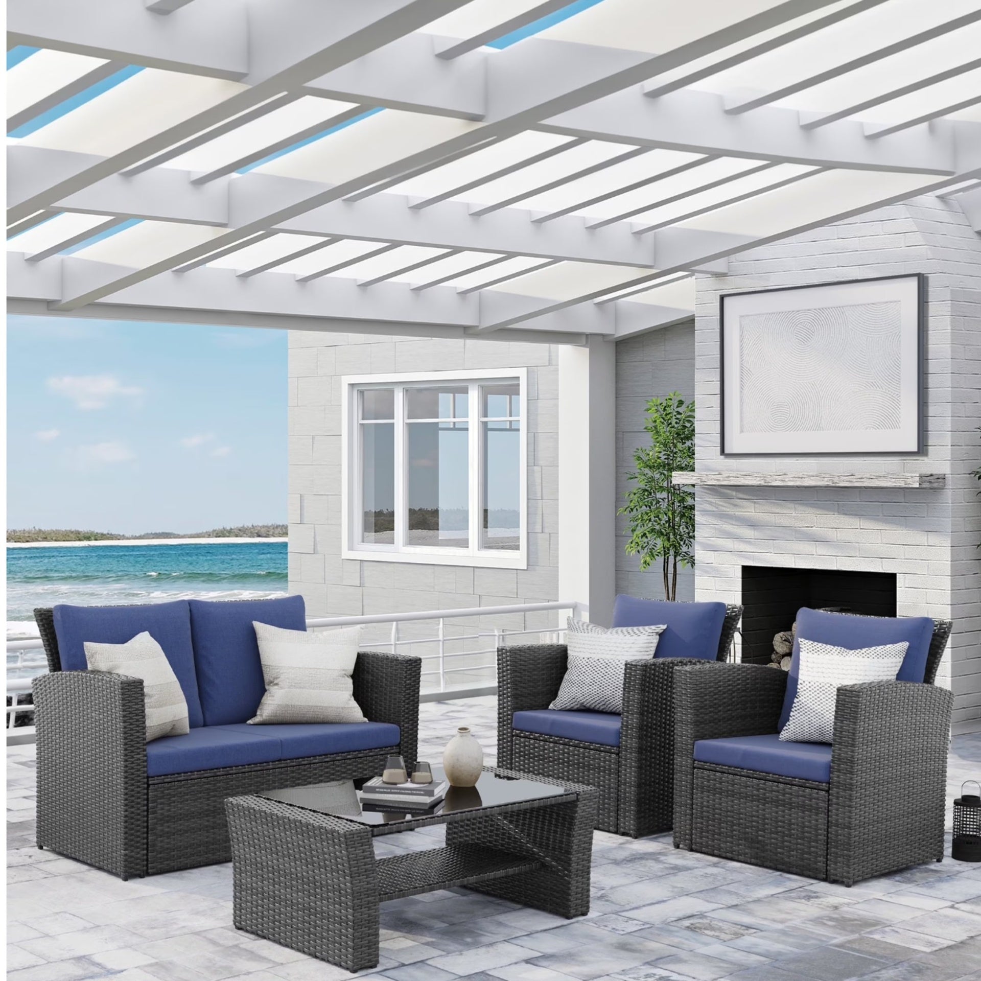 4-Piece Wicker Patio Conversation Set with Glass Table and Blue Cushions