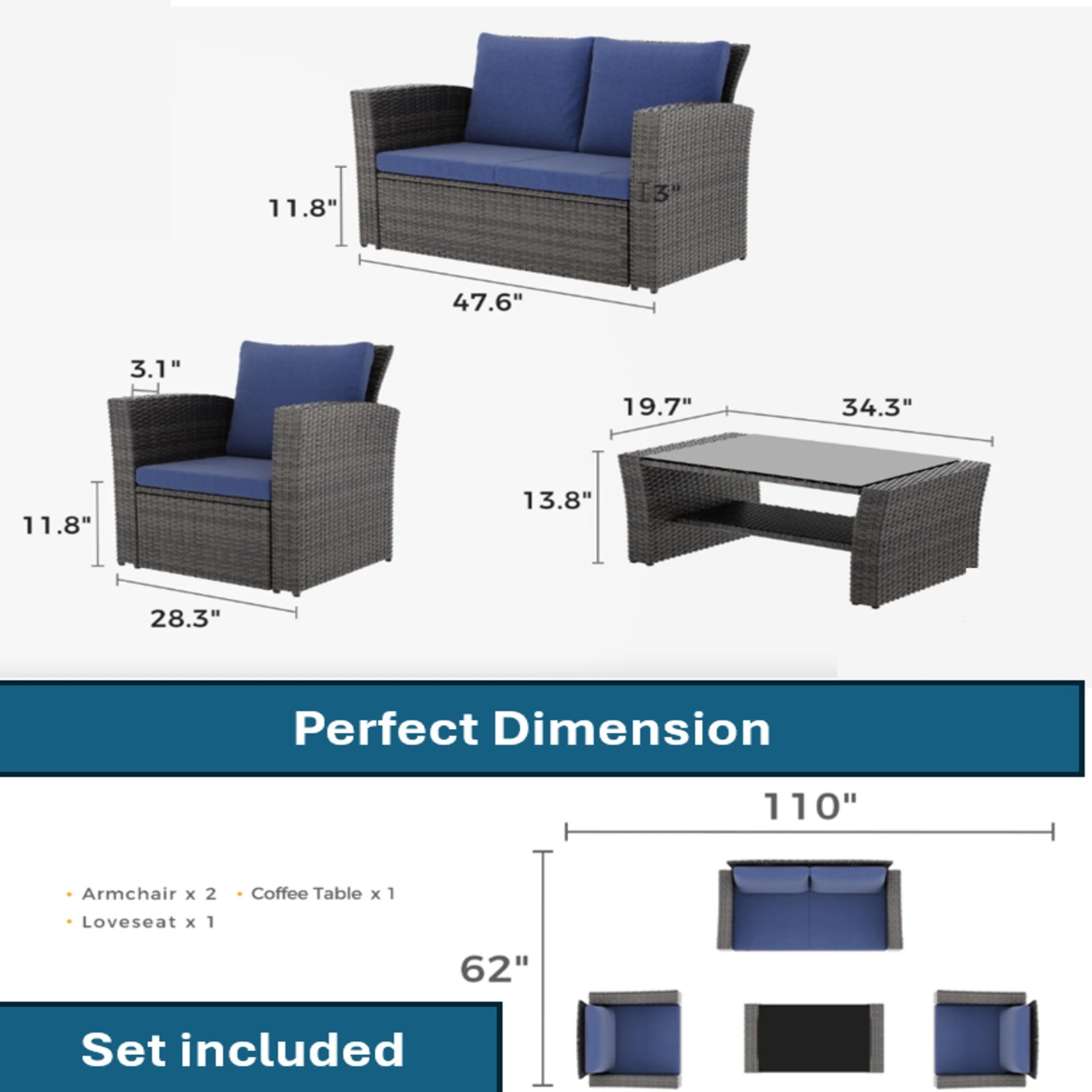 4-Piece Wicker Patio Conversation Set with Glass Table and Blue Cushions