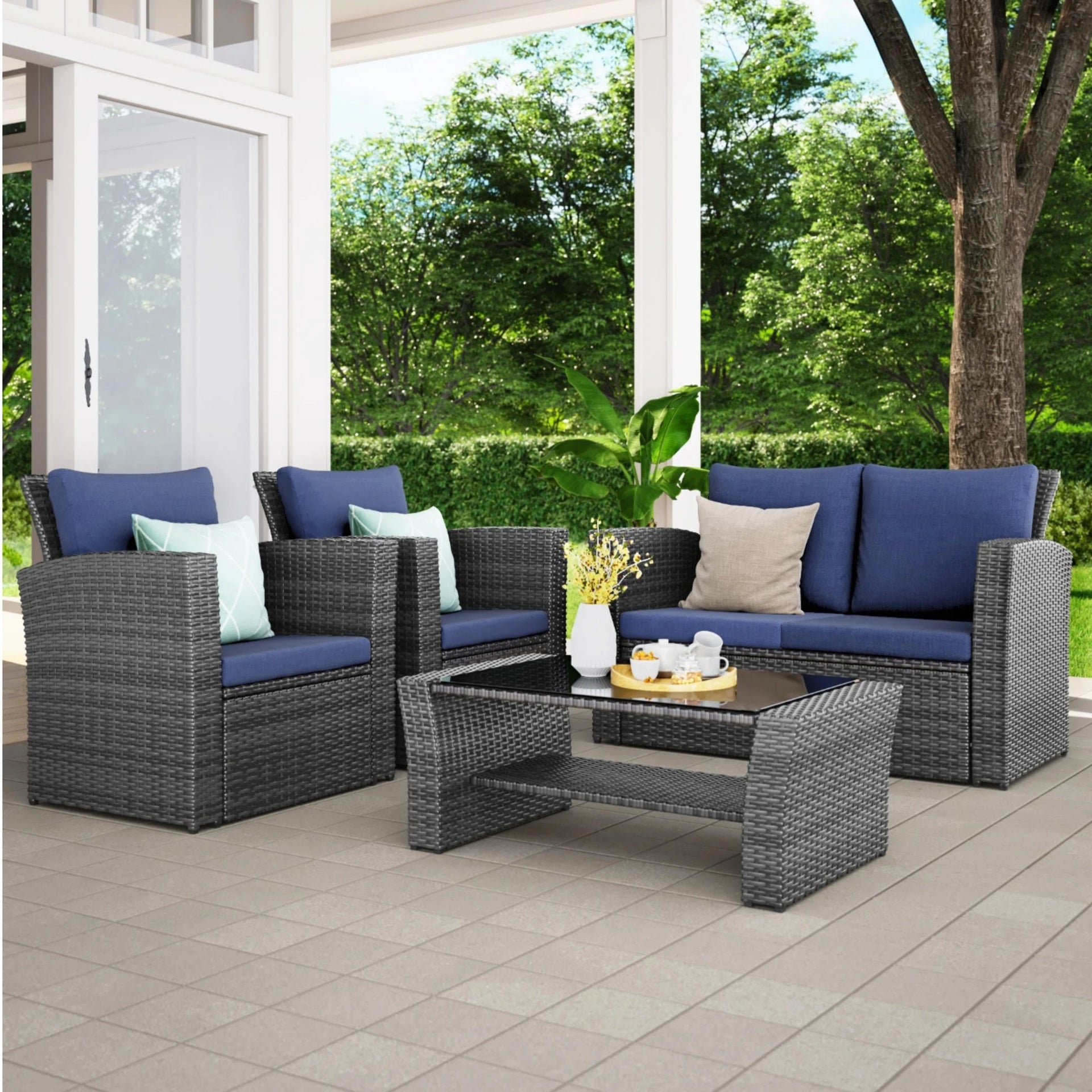 4-Piece Wicker Patio Conversation Set with Glass Table and Blue Cushions