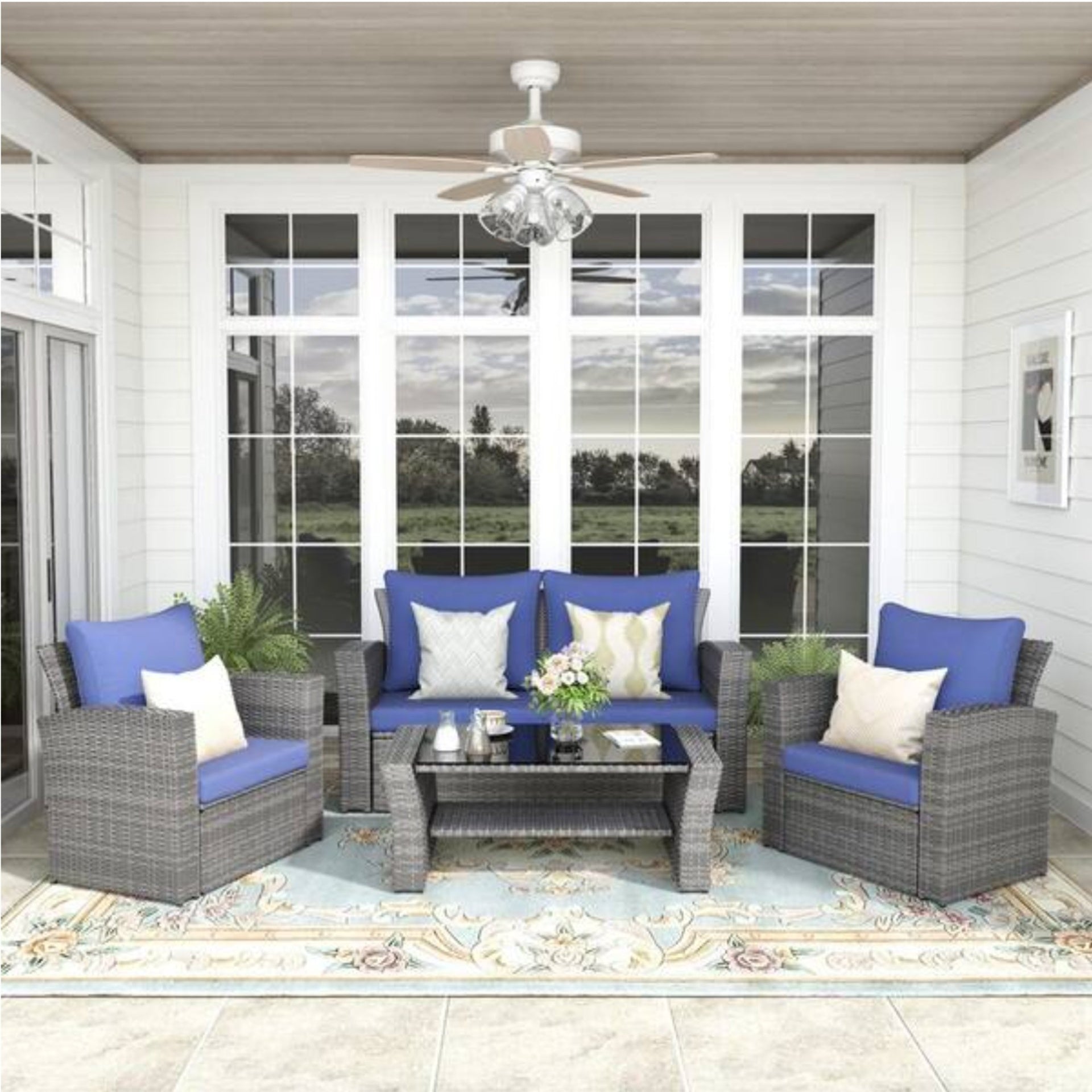 4-Piece Wicker Patio Conversation Set with Glass Table and Blue Cushions