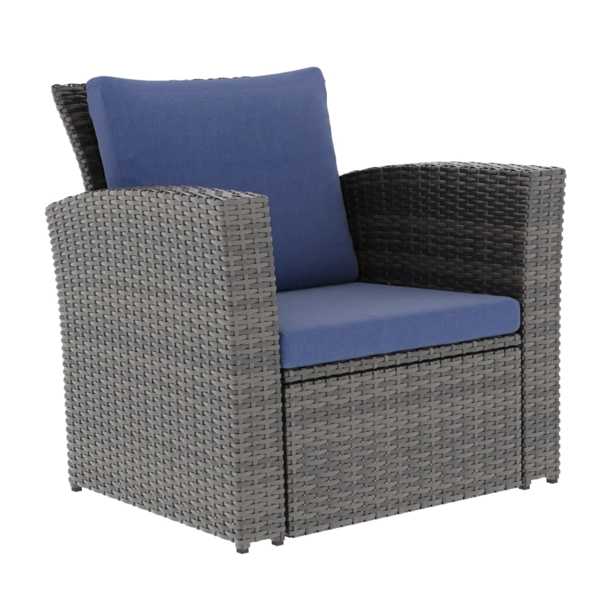 4-Piece Wicker Patio Conversation Set with Glass Table and Blue Cushions