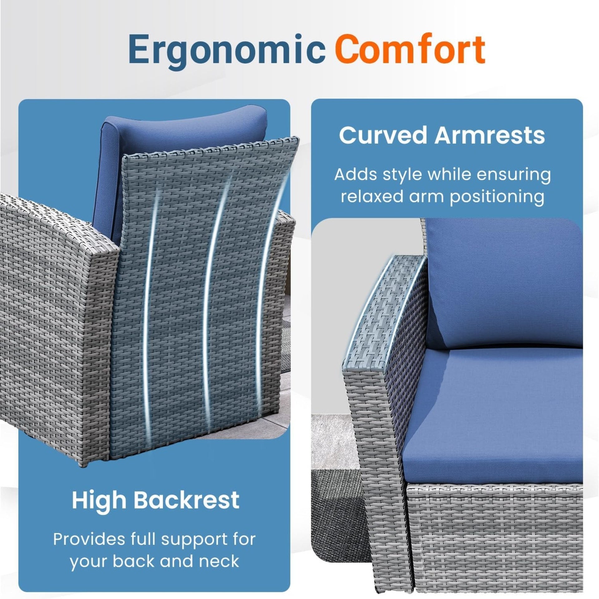 4-Piece Wicker Patio Conversation Set with Glass Table and Blue Cushions