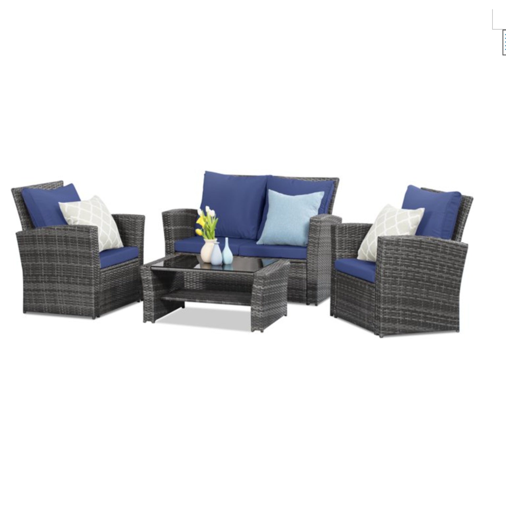 4-Piece Wicker Patio Conversation Set with Glass Table and Blue Cushions