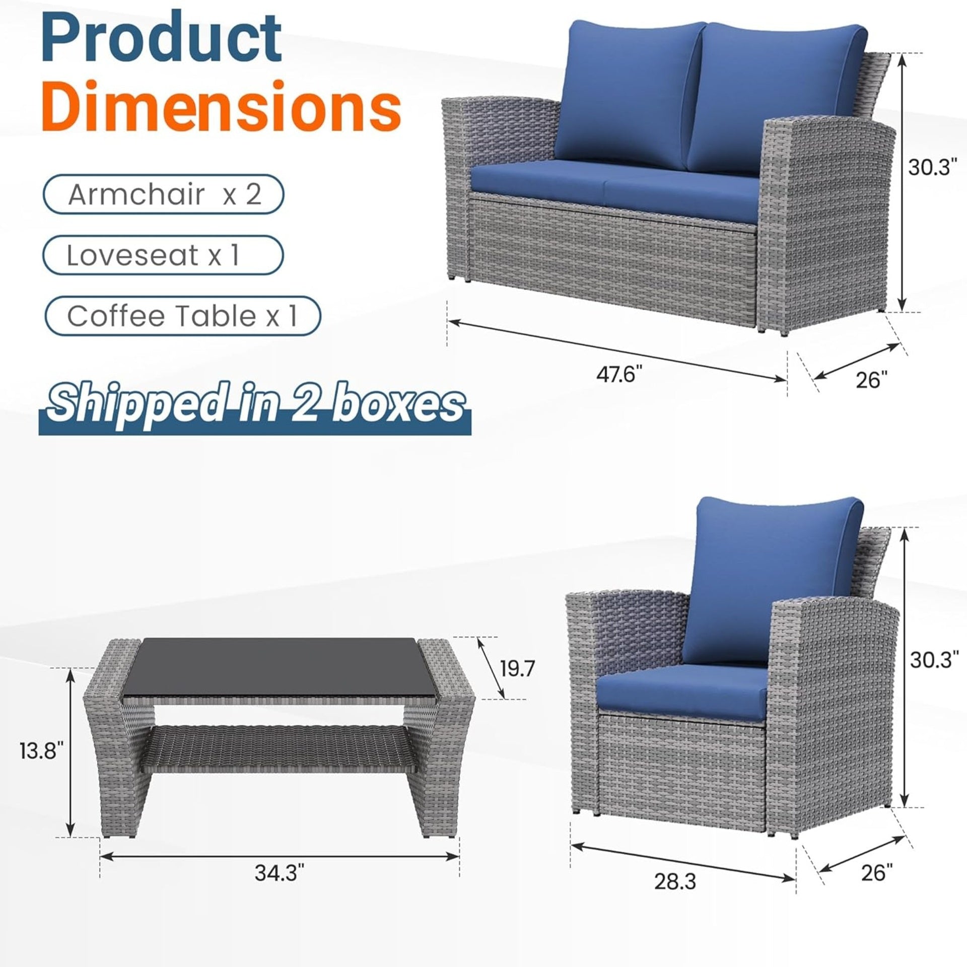 4-Piece Wicker Patio Conversation Set with Glass Table and Blue Cushions