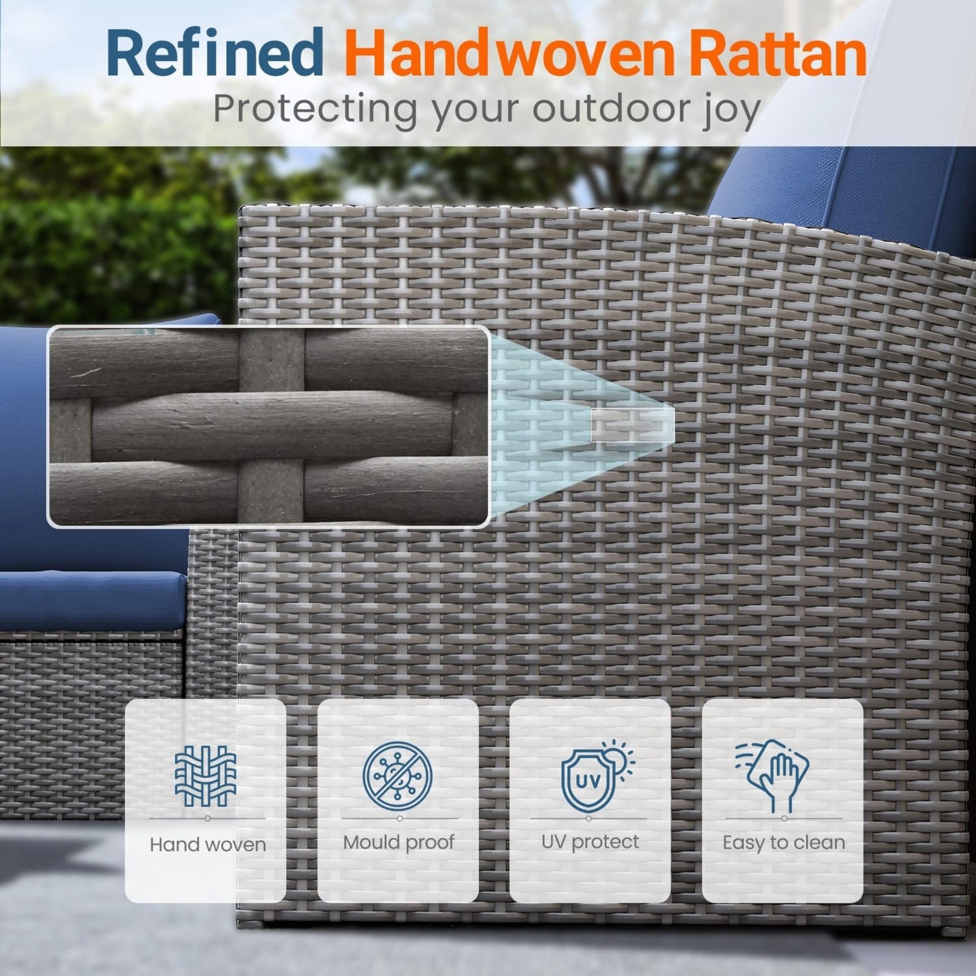 4-Piece Wicker Patio Conversation Set with Glass Table and Blue Cushions
