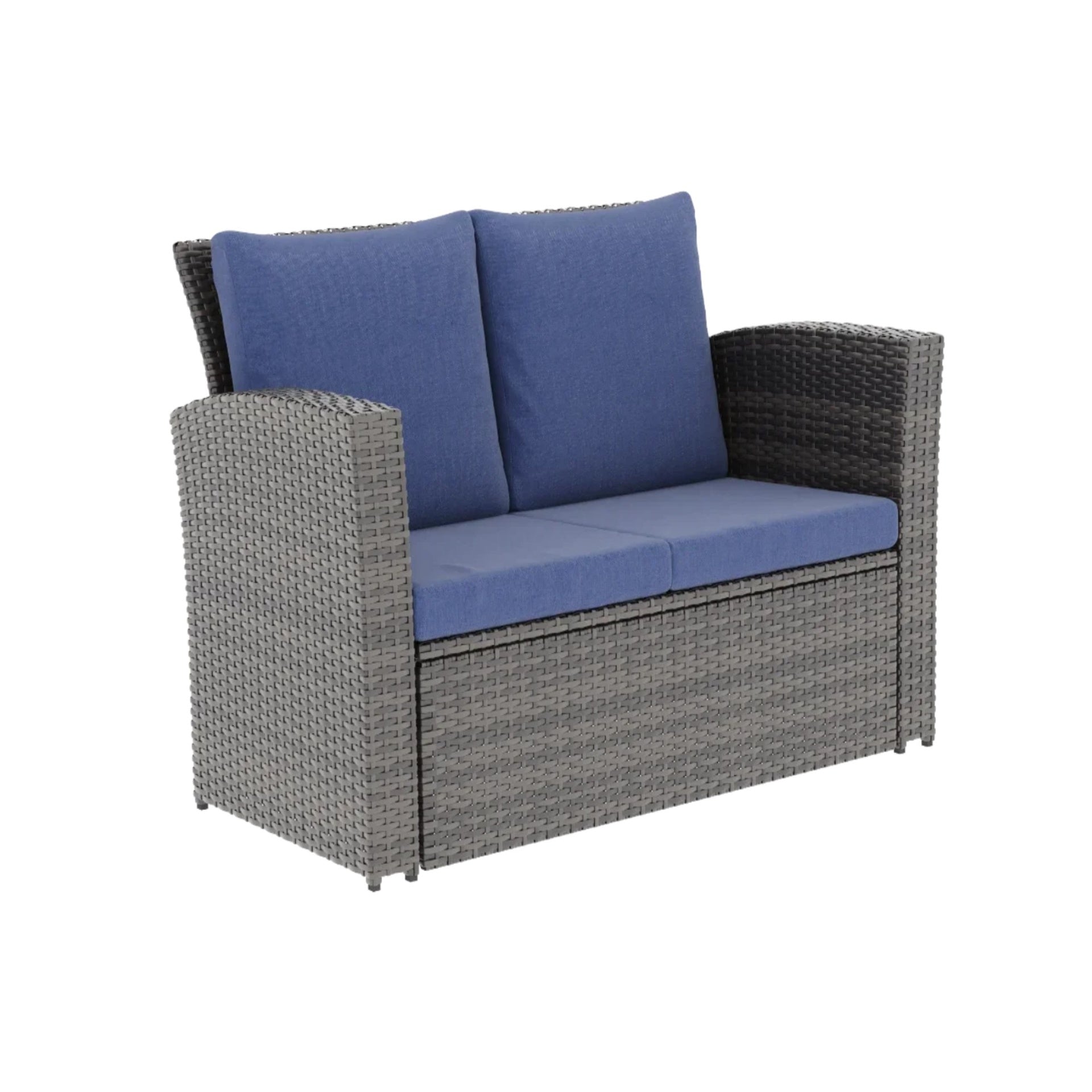 4-Piece Wicker Patio Conversation Set with Glass Table and Blue Cushions
