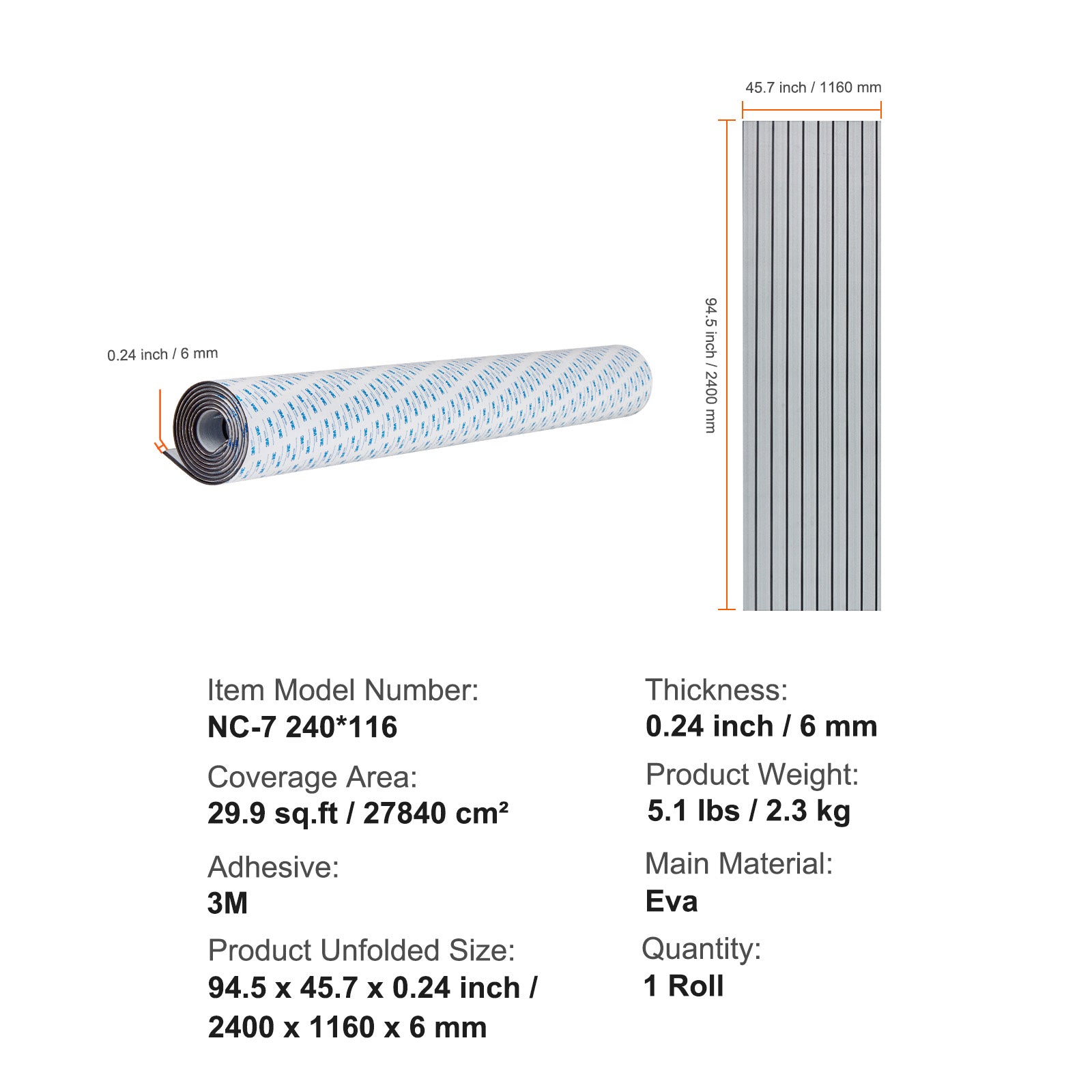 Boat Flooring, EVA Foam Boat Decking 94.5" x 45.7", Non-Slip Self-Adhesive Flooring, 29.9 sq.ft Marine Carpet for Boats, Yacht, Pontoon, Kayak Decking