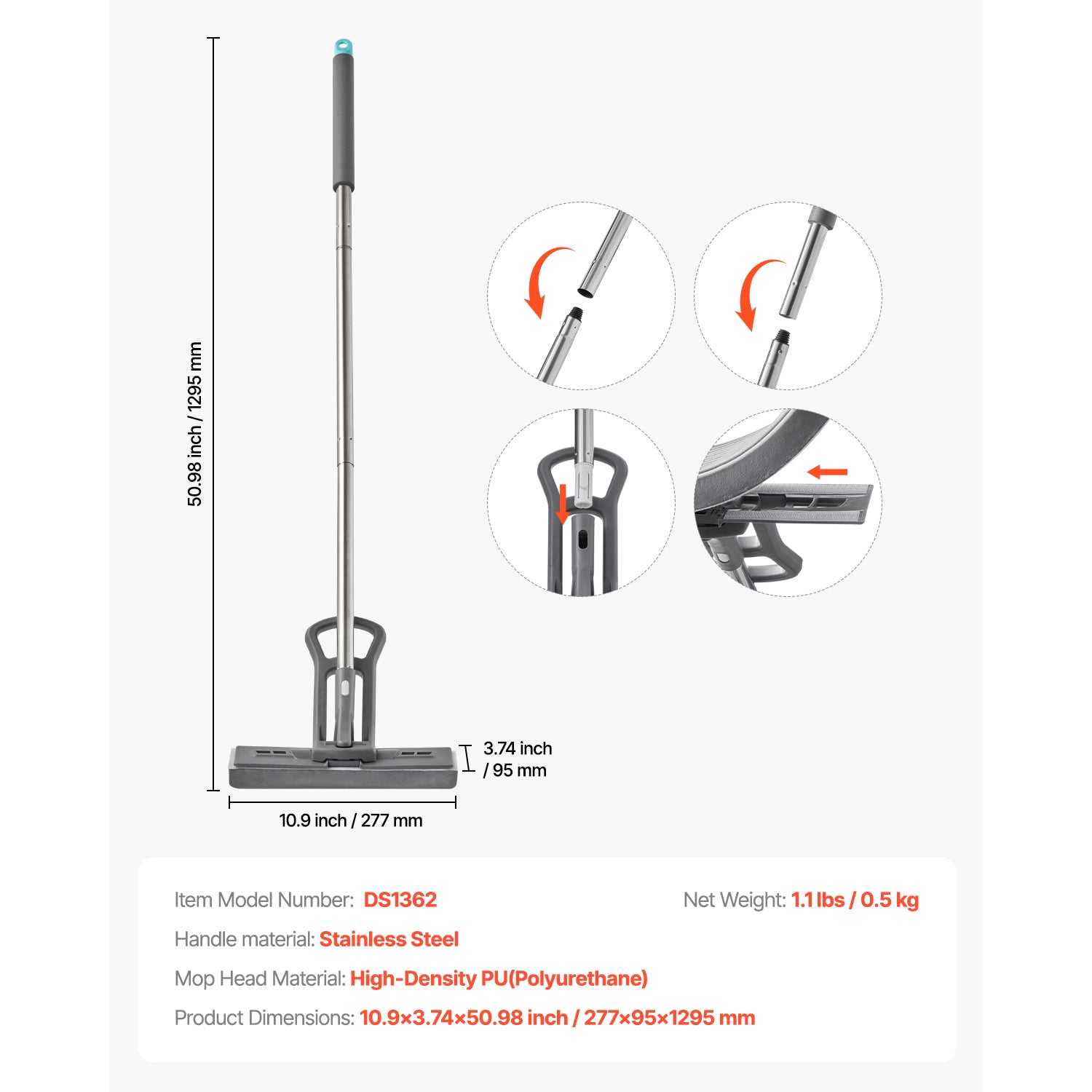 High-Density PU Sponge Mop, Comes with 1 Replacement Head, Easy to Wring, Hook-and-Loop Fastener for Quick Change, Suitable for Cleaning Various Floors