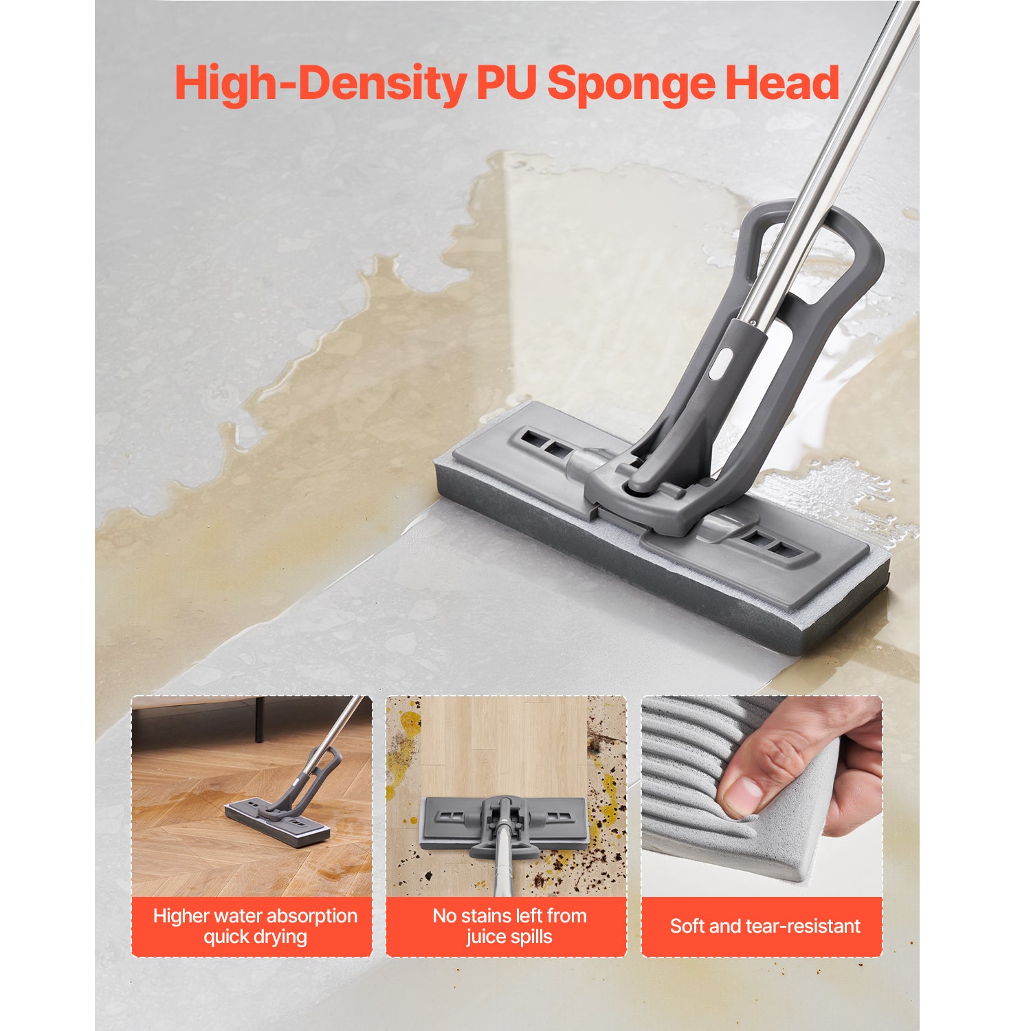 High-Density PU Sponge Mop, Comes with 1 Replacement Head, Easy to Wring, Hook-and-Loop Fastener for Quick Change, Suitable for Cleaning Various Floors