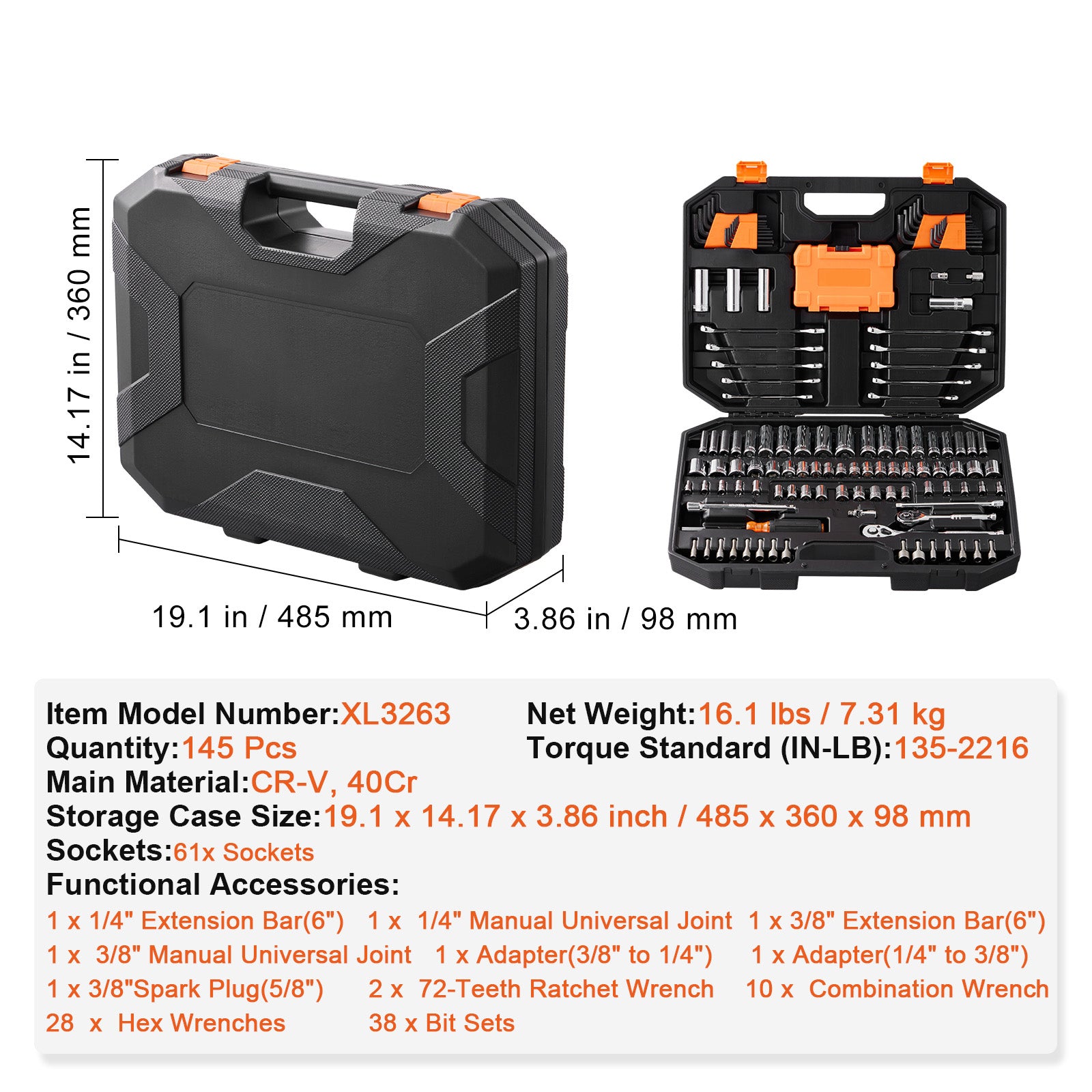 Mechanics Tool Set and Socket Set, 1/4" and 3/8" Drive Deep and Standard Sockets, 145 Pcs SAE and Metric Mechanic Tool Kit with Bits, Combination Wrench, Hex Wrenches, Accessories, Storage Case