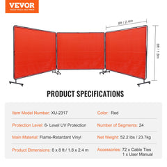 Welding Screen with Frame, 6' x 8' 3 Panel Welding Curtain Screens, Flame-Resistant Vinyl Welding Protection Screen on 12 Swivel Wheels (6 Lockable), Moveable & Professional for Workshop, Red