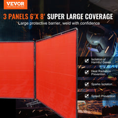 Welding Screen with Frame, 6' x 8' 3 Panel Welding Curtain Screens, Flame-Resistant Vinyl Welding Protection Screen on 12 Swivel Wheels (6 Lockable), Moveable & Professional for Workshop, Red
