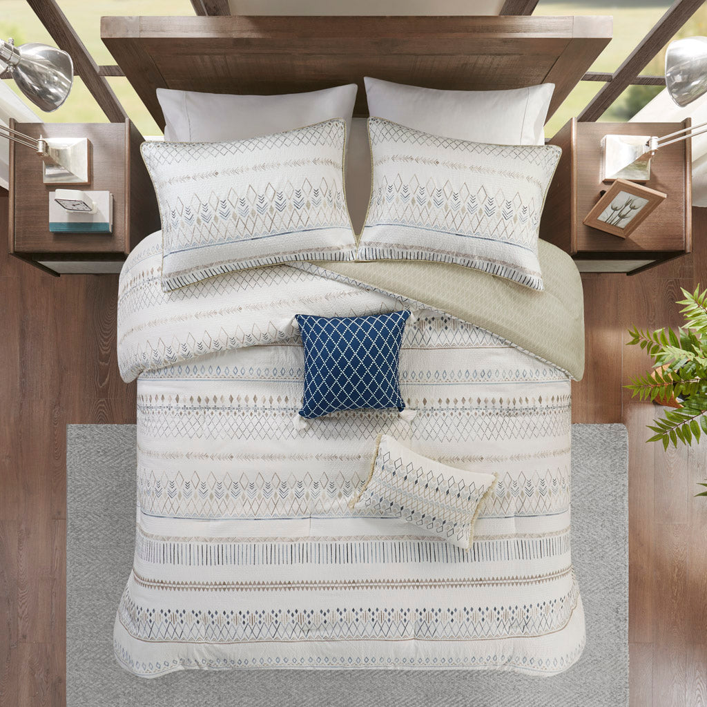 5 Piece Printed Seersucker Comforter Set with Throw Pillows Taupe/Blue Full/Queen