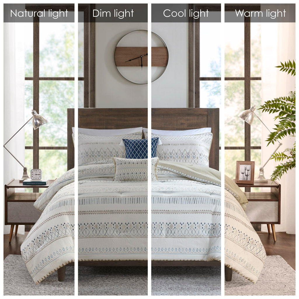 5 Piece Printed Seersucker Comforter Set with Throw Pillows Taupe/Blue Full/Queen