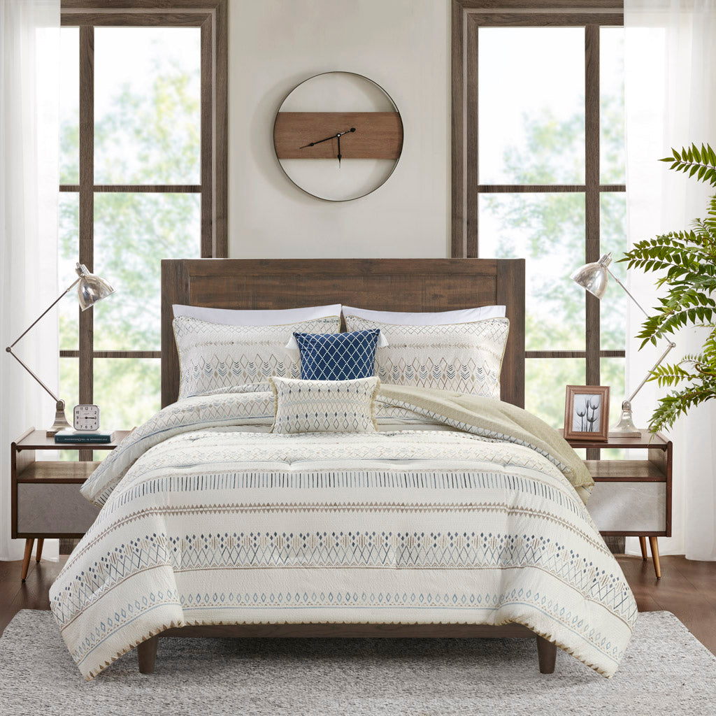 5 Piece Printed Seersucker Comforter Set with Throw Pillows Taupe/Blue Full/Queen
