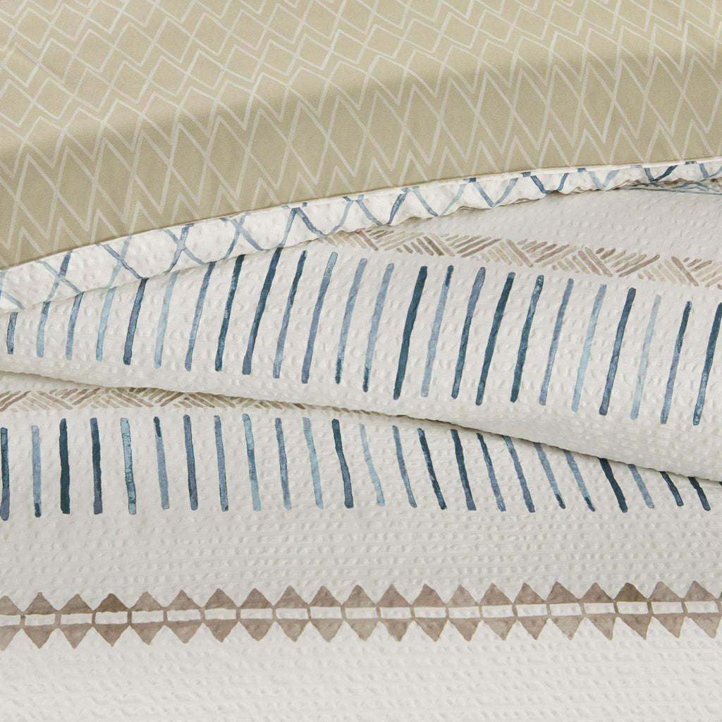 5 Piece Printed Seersucker Comforter Set with Throw Pillows Taupe/Blue Full/Queen