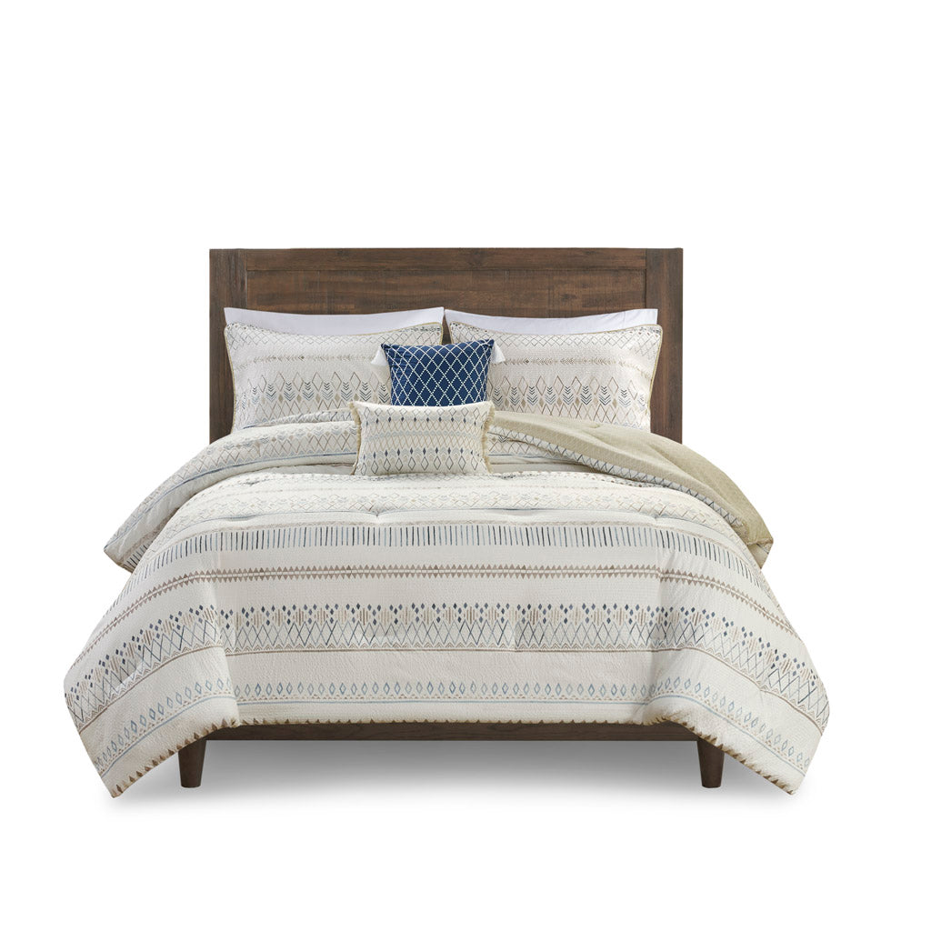 5 Piece Printed Seersucker Comforter Set with Throw Pillows Taupe/Blue Full/Queen