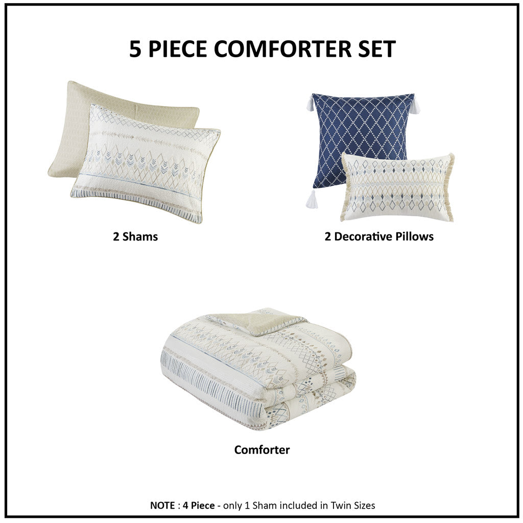 5 Piece Printed Seersucker Comforter Set with Throw Pillows Taupe/Blue Full/Queen