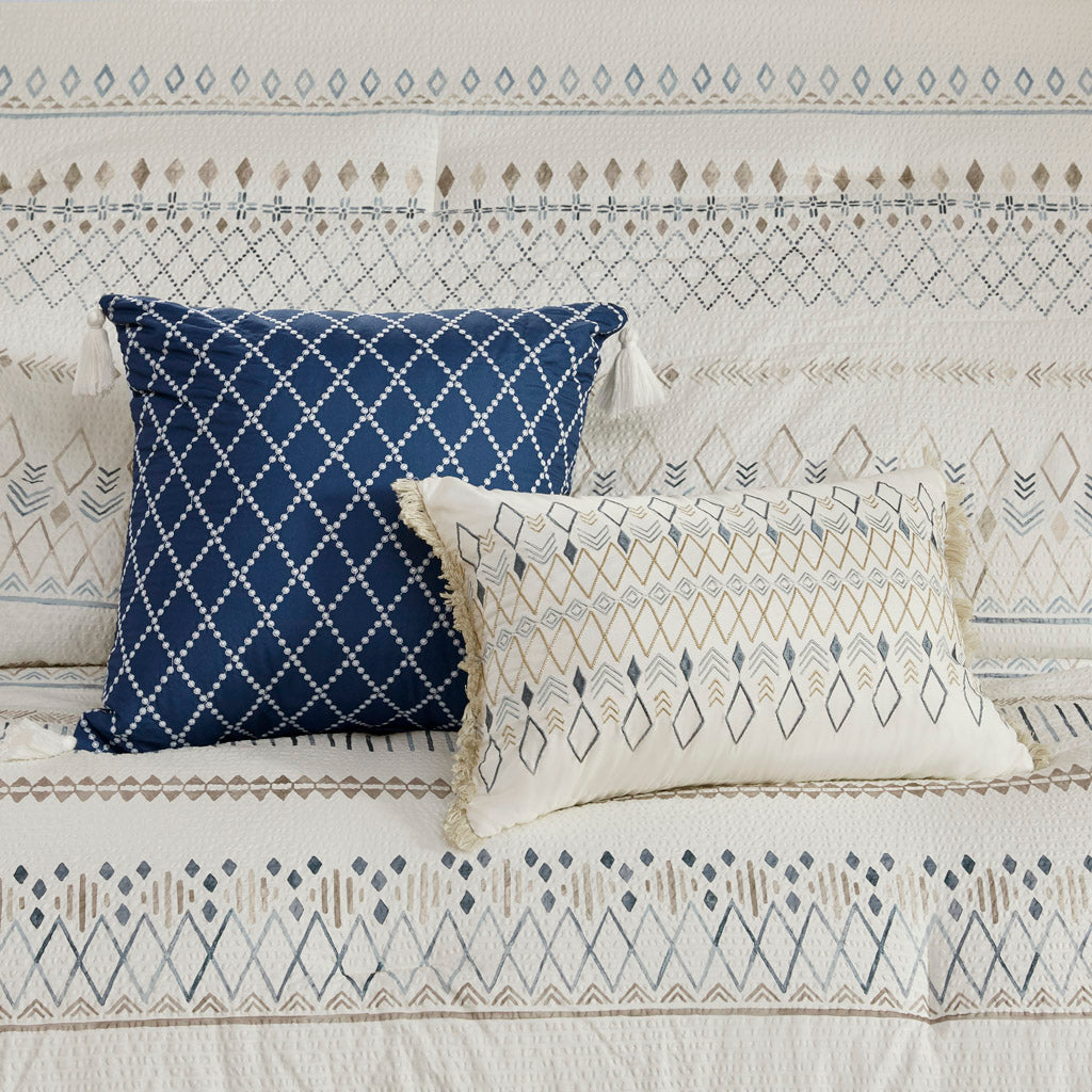 5 Piece Printed Seersucker Comforter Set with Throw Pillows Taupe/Blue Full/Queen