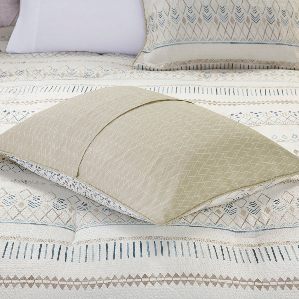 5 Piece Printed Seersucker Comforter Set with Throw Pillows Taupe/Blue Full/Queen