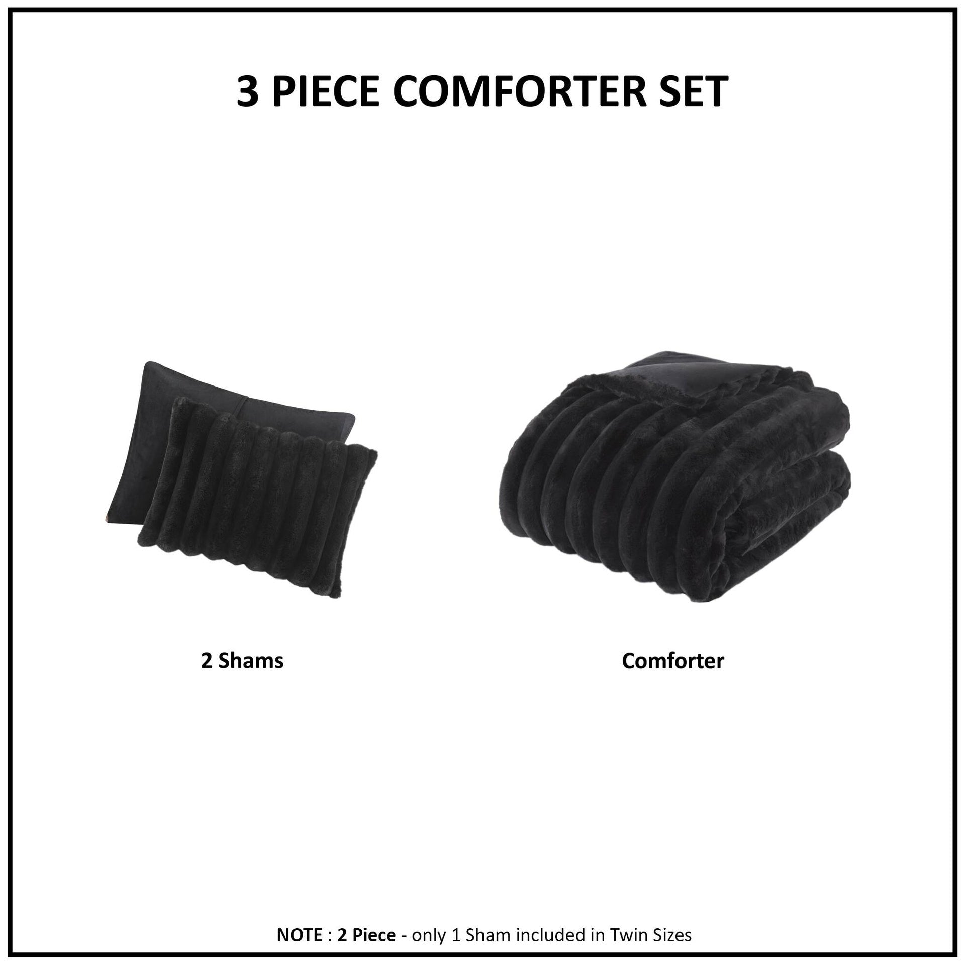 3 PCS King Ultrasoft Faux Fur Ribbed Comforter Set Black
