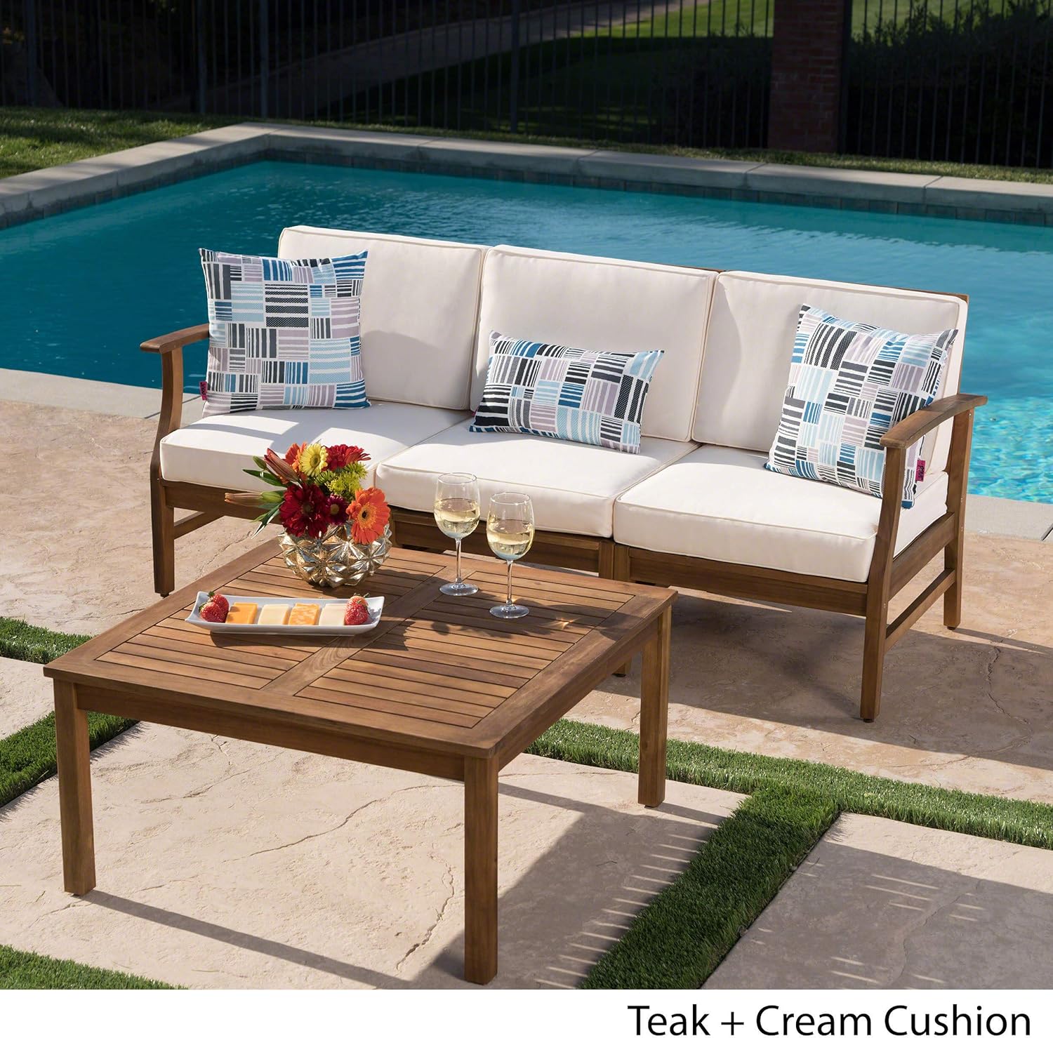 PERLA 3 SEATER SOFA AND TABLE SET, CREAM