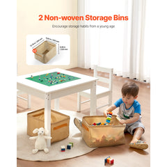 Kids Activity Table and 2 Chairs Set, Building Blocks Double-Sided Tabletop, Toddler Table and Chair Set with Storage for Kids 3+ Years, Large Storage Space, Present for Boys & Girls, White