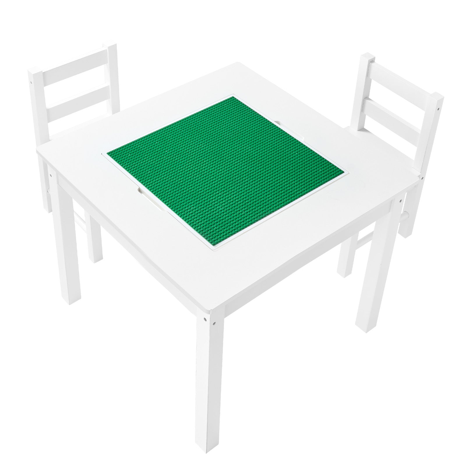 Kids Activity Table and 2 Chairs Set, Building Blocks Double-Sided Tabletop, Toddler Table and Chair Set with Storage for Kids 3+ Years, Large Storage Space, Present for Boys & Girls, White